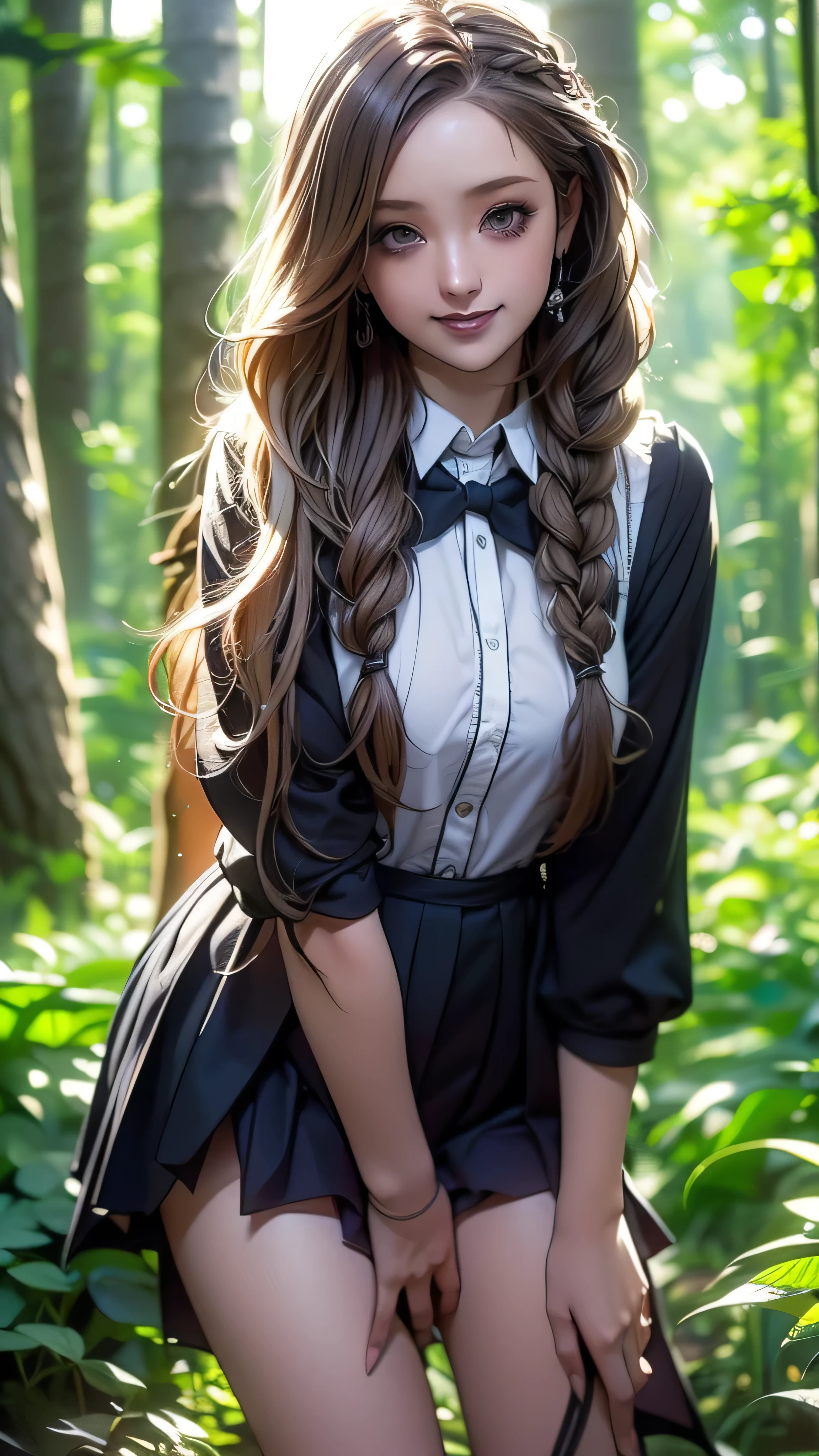 realistic, masterpiece, best quality , Highest Resolution , high detail, professional lighting, film particles , The background is blurry , (White and brown wavy hair, long hair, braided , middle part:1.3), (Gothic summer school uniform:1.3), (Summer Forest:1.3), (Close to your face , forward leaning position:1.3), photo from the waist up, open her legs , smiling with a little teeth