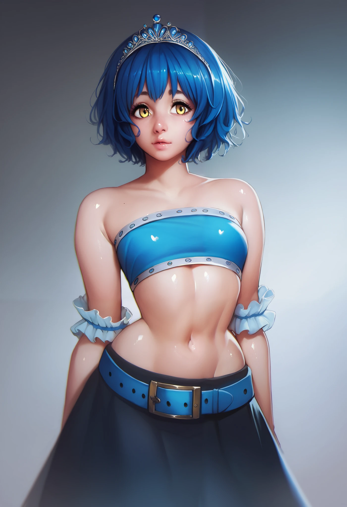 (intrincate details: "(a character in an realistic human style, woman has big blue eyes and blue hair, solo 1girl 18 years old, blue hair, cute, symmetrical face, covered nipples, firm breasts, ((slim build)), young woman, beak of pocky cat ears, white very short and slim crop top, (black short), looking at viewer, very short cowboy mini skirt, medium breasts, blue eyes, short hair, armor, very sexy, random angle view)