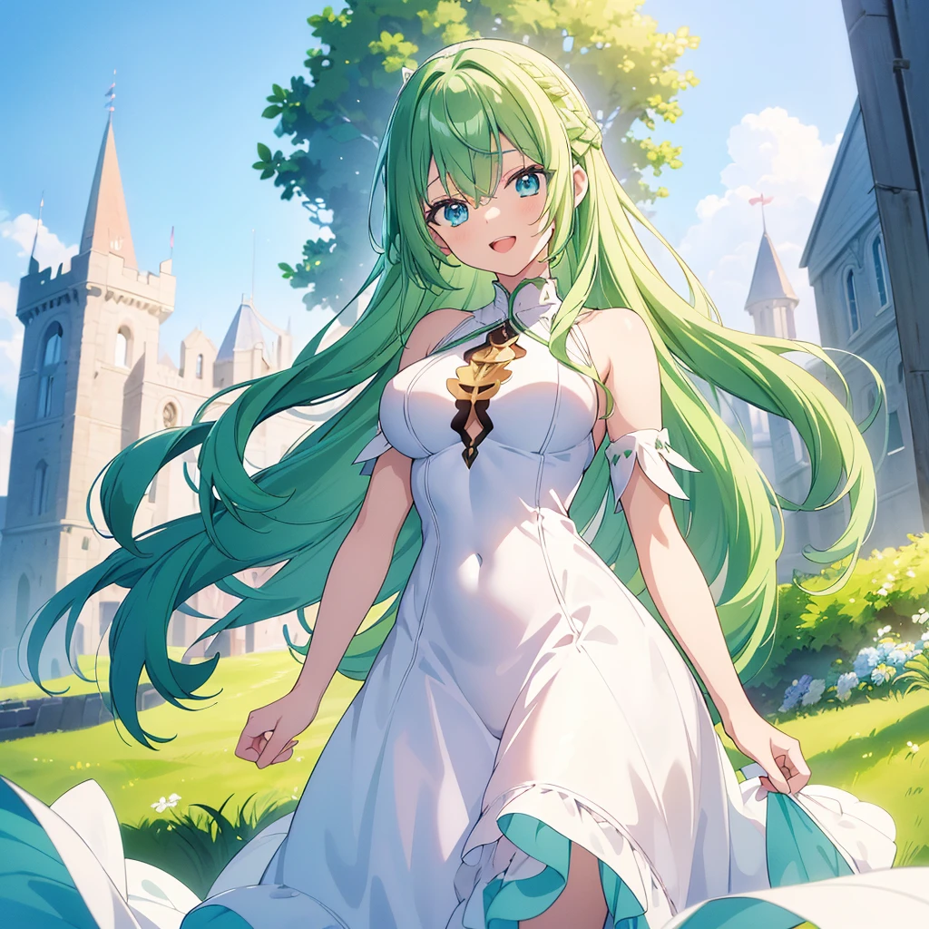 (#2D Anime Style), masterpiece, best quality, 2D anime girl, elf adventurer lying down in a field of white flowers, looking at viewer, smug, smirk, dutch angle, cinematic, volumetric lighting, sunbeam, soft lighting, mystical, magical, rim lighting, fantasy, sparkle, glittering