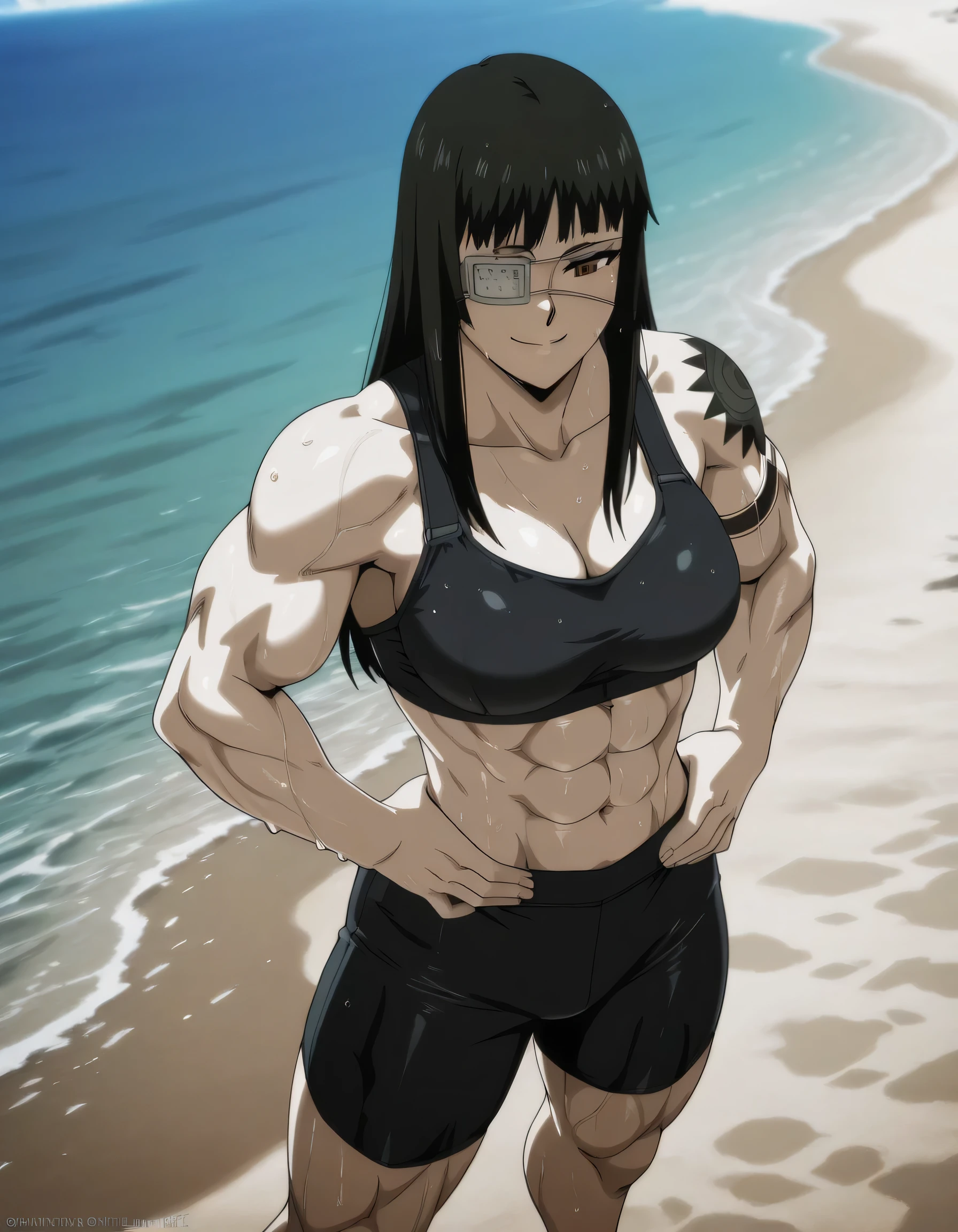 (((masterpiece、Highest image quality、highest quality、highly detailed unity 8kwallpaper)))、((Illustration of one girl))、(((beautiful girl)))、((black hair、Very Longhair、straight、golden hair ornament、red eyes))、(tall、stocky build:1.2, thickset physique:1.3, muscular legs, broad shoulders, solid chest,Armpit Hair:1.4)、swimsuit、sandy beach
