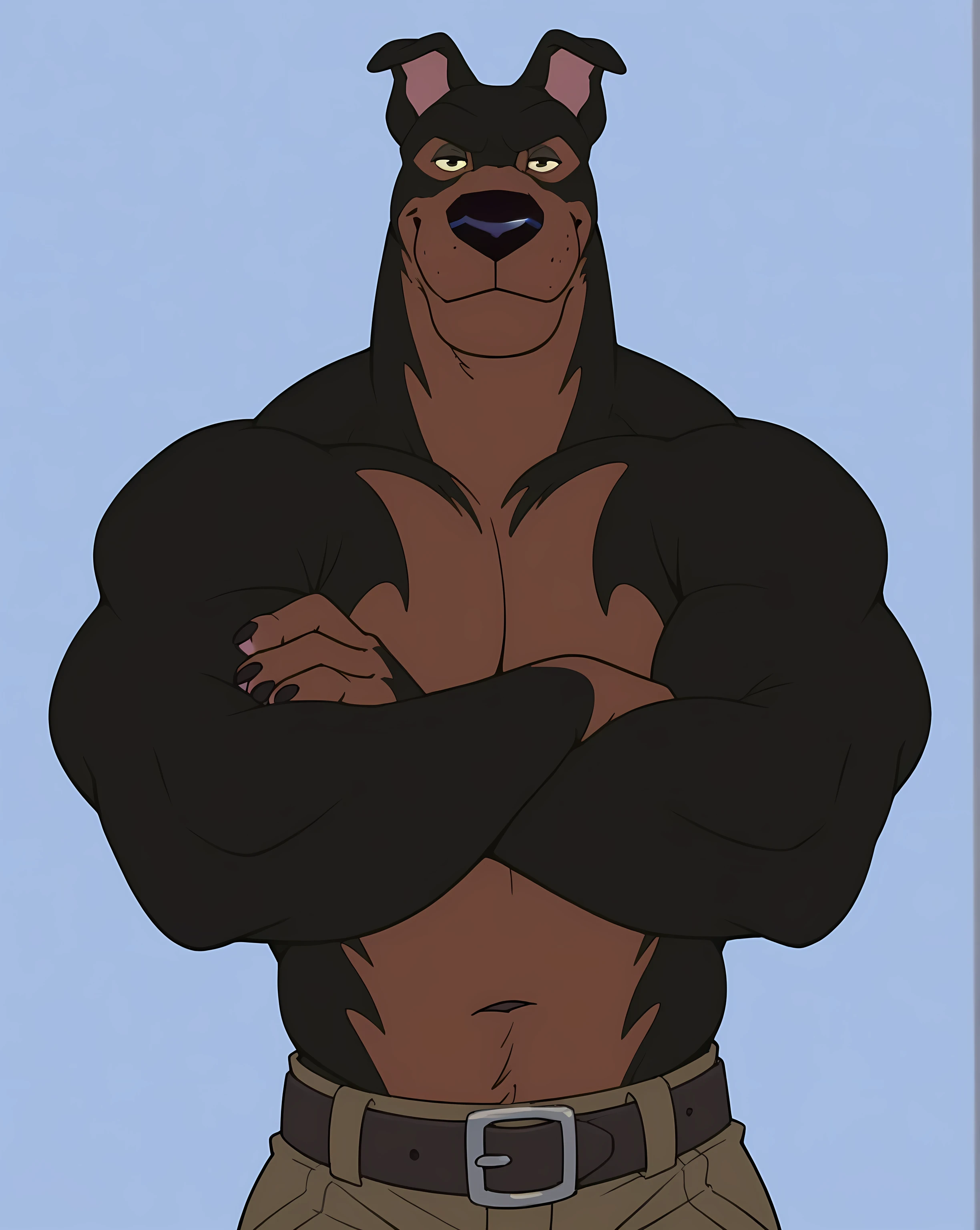 BusterLT, furry, anthro, anthro body, canine, doberman, black eyes, black nose, black body, black fur, brown body, brown fur, two tone body, two tone fur, pink inner ear, solo, (heavyweight body), ((very muscular, muscles)), (flat colors, no shading), simple background, detailed, posing, looking at viewer, smile, strong posture, shirtless, bare chest, belt, pants, muscular neck, half body, half view, arms crossed:1.1, (big pecs), (front view, facing the viewer)