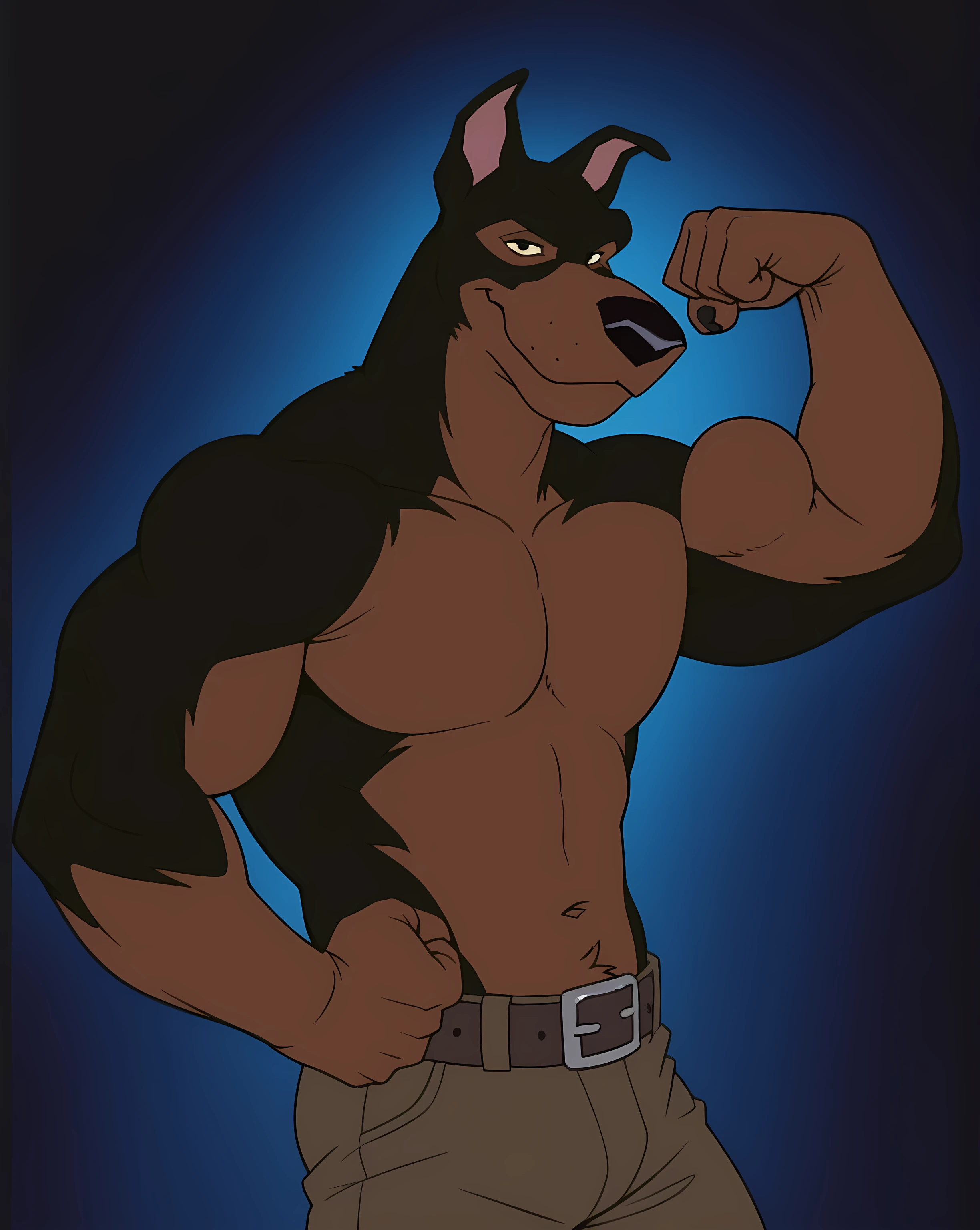 BusterLT, furry, anthro, anthro body, canine, doberman, black eyes, black nose, black body, black fur, brown body, brown fur, two tone body, two tone fur, pink inner ear, solo, athletic build, ((very muscular, muscles)), (flat colors, no shading), simple background, black background, detailed, posing, looking at viewer, smile, strong posture, shirtless, bare chest, belt, pants, muscular neck, half body, half view, flexing muscles, flexing bicep,