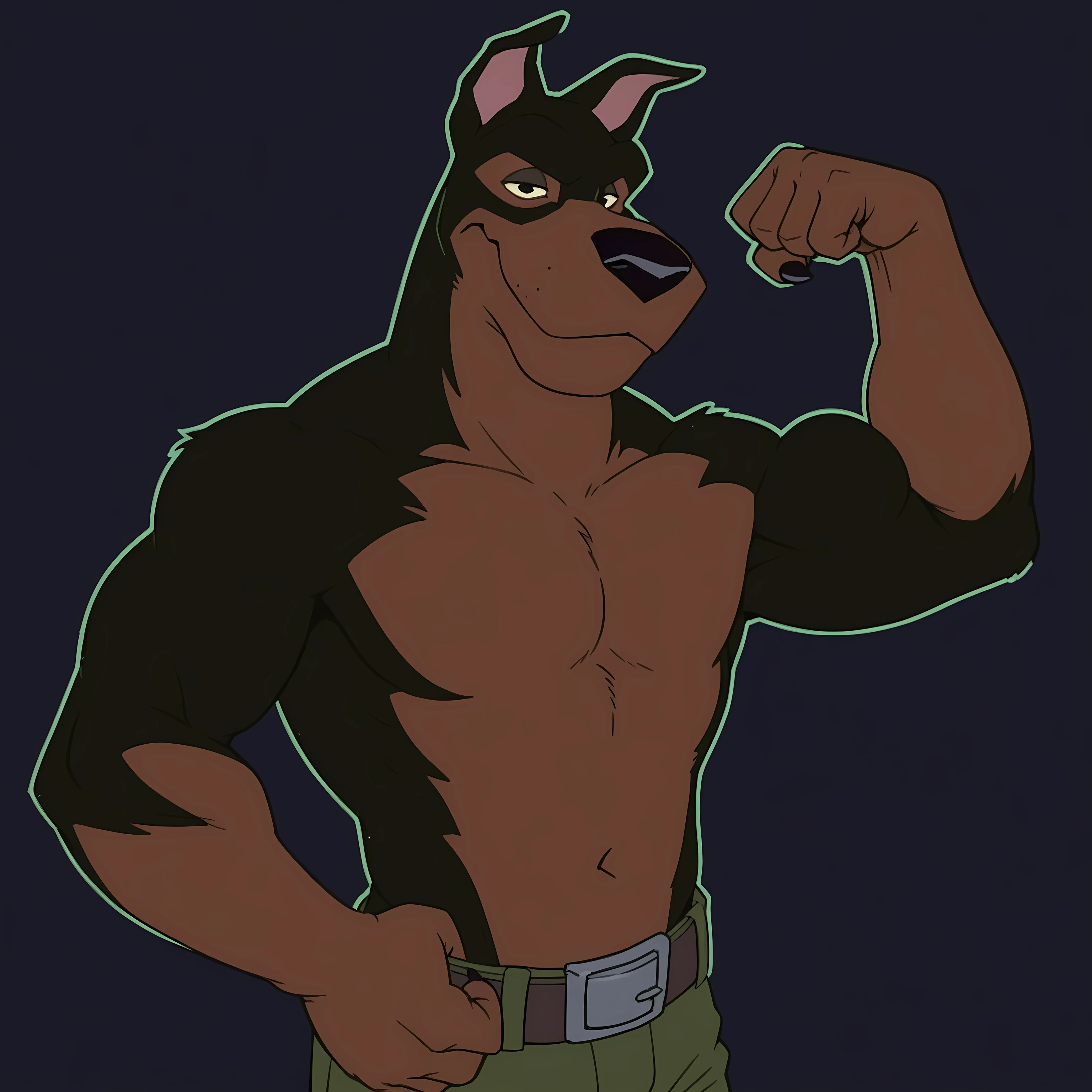 BusterLT, furry, anthro, anthro body, canine, doberman, black eyes, black nose, black body, black fur, brown body, brown fur, two tone body, two tone fur, pink inner ear, solo, athletic build, ((very muscular, muscles)), (flat colors, no shading), simple background, black background, detailed, posing, looking at viewer, smile, strong posture, shirtless, bare chest, belt, pants, muscular neck, half body, half view, flexing muscles, flexing bicep,