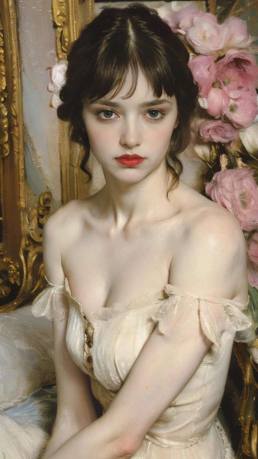 1890s, Impressionism, art, a   pretty woman sitting on the border of a bed in a hotel room,  dynamic perspective , ((whole body)), 8K,  ridiculous res , ((wide eyes)),  Perfect face ,  Soft-bodied girl ,   pretty woman,  perfect face , (Symmetrical), 1 Girl,  average mature body , Natural body , VERY FEMININE ,  unique ,  masterpiece,  highly detailed, Flawless Eyes , (( meticulous eyes )), expressive  meticulous eyes ,  Gothic Beauty , pale,  open your eyes , ( Medium body view  ), ((Small chest)),  blush, Shy face (( Very Long Beautiful Dark Hair with Bangs )),  Wearing an Exposed Black Lace Victorian Dress, Public hair,   white stockings, (( deep cleavage )), ( Slim but Beautiful Body ),  Amano Yoshitaka Character Design , sad, despair,  lascivious, Innocence,  gloomy lighting , Atmospheric, backlight,  Heavy Brushstrokes and Moist Pigments , Fibonacci,  golden ratio ,  visible strokes , oil on canvas, Super complex and sophisticated, 8K