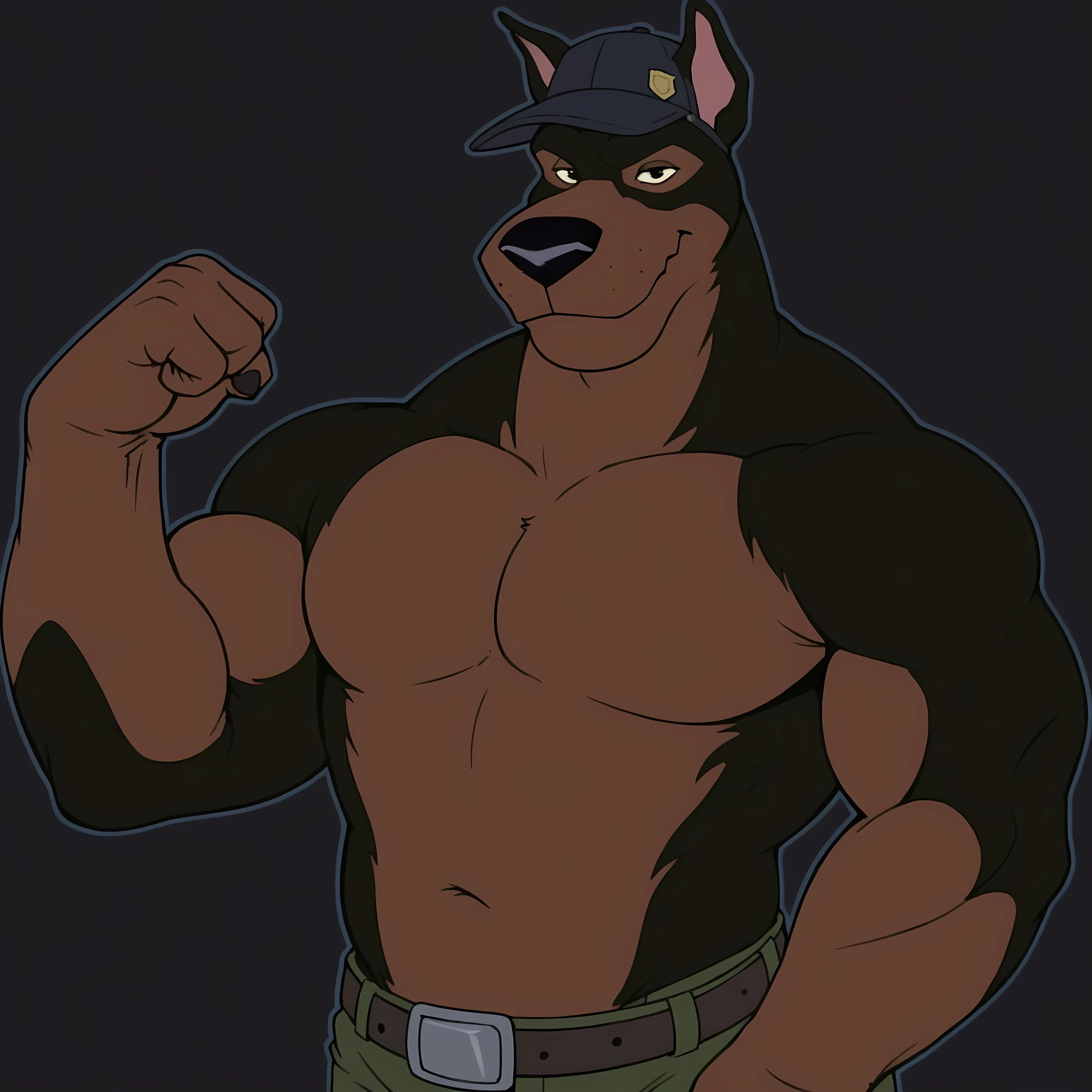 BusterLT, furry, anthro, anthro body, canine, doberman, black eyes, black nose, black body, black fur, brown body, brown fur, two tone body, two tone fur, pink inner ear, solo, (((heavyweight body))), (((very muscular, muscles))), (flat colors, no shading), simple background, black background, glow behind character:1.1, detailed, posing, looking at viewer, smile, strong posture, shirtless, bare chest, belt, pants, muscular neck, half body, half view, flexing biceps, flexing muscles, cap