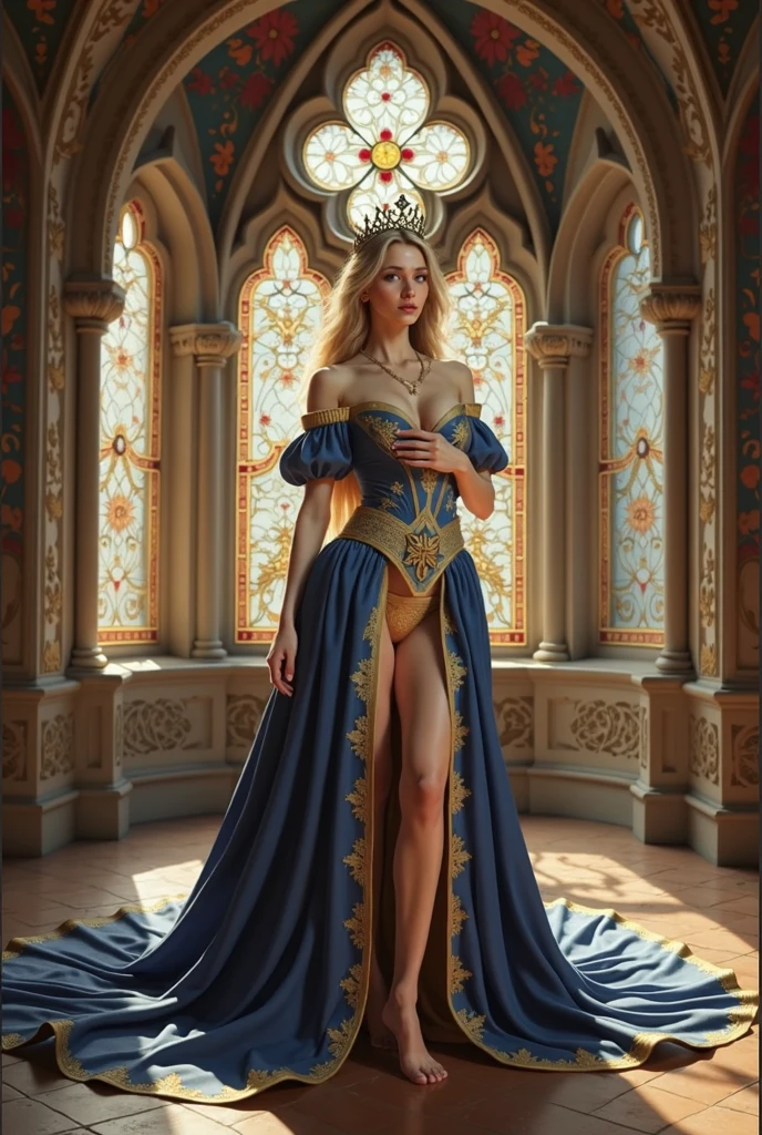 masutepiece、An ultra-high picture quality、Super distinct、8K、perfect anatomia、Very high saturation、(full-body view:1.8)(Realistic:1.1)、One Princess、child,teens girl、 Yellow hair, 17 age, Beautiful, Princess、Innocent, Blue eyes, (rococo dress:1.7),Inside the palace、(skirt lift by yourself:1.4)、(long  skirt:1.7)、(Focus on panties),(See-through panties:1.8),(I can see panties:1.8)、(Cameltoe:1.4)、Sitting with both knees up、(Thin leg)、ultra definition panties、Cotton panties、(childish figure:1.5)、Thighs open,white  panties,Open knees,skinny  body、thin-waist、thin pelvis、(skinny thigh:1.8)、,(Blonde pubic hair:1.5)、((Pubic hair is golden))