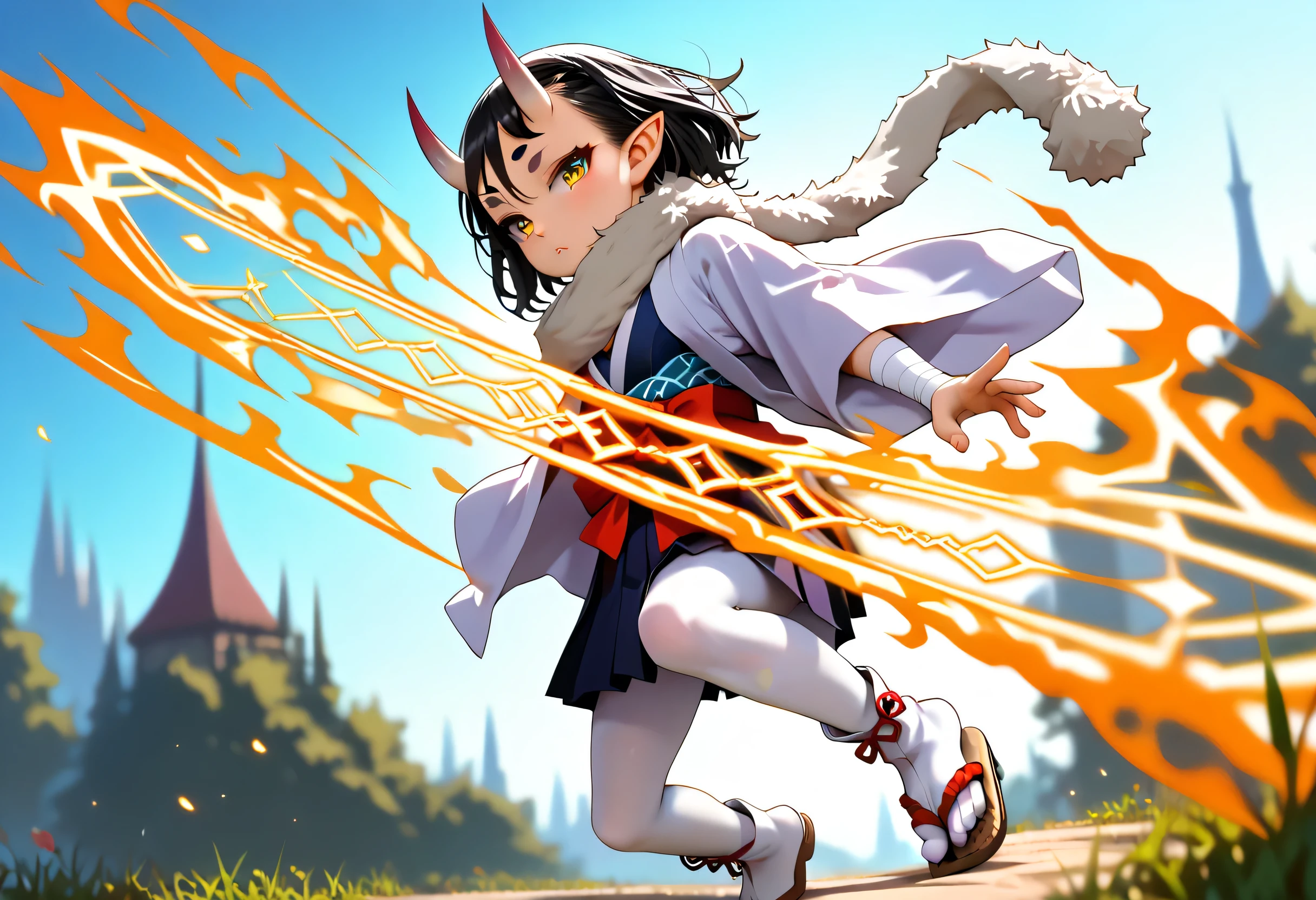 score_9, score_8_up, score_7_up, masterpiece, highest_quality, ultra_detailed, nsfw, absurdres, HDR, 4K, ultra_hd, official_style, intricate, intricate_details, solo_boy_focus, boy is (japanese_shota, femboy, asra_kin, BREAK (black_hair, golden_eyes, white_pantyhose):1.5, BREAK (messy_hair, very_long_hair, forehead_bangs):1.5, (slant_eyes, close_set_low_eyebrows, eye_liner), pointed_ears, oni_horns, flat_chest, thin_body, short_stature, booty, male_bulge, (spider_pattern_clothes, spider_silk_clothes, kimono, bandaged_arms, pantyhose, hakama_miniskirt, boots_sandals, fur_scarf), dynamic_pose, acrobatic_pose, fighting_pose, hold_flaming_runesword, spider_silk, spider_thread):1.5, full_of_details, detailed_face, five_fingers, perfect_hands, perfect_fingers, dramatic_angle, dynamic_angle, dynamic_perspective, gray_background