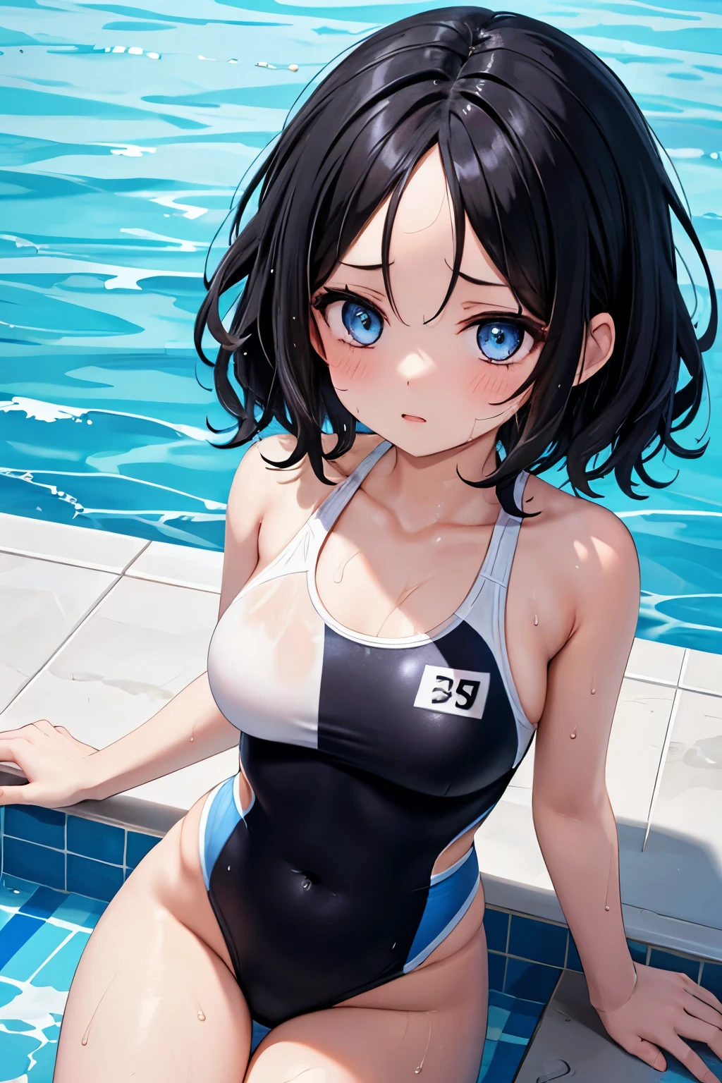 (Details of a very beautiful face), (Best Quality:1.4), 8K resolution, High resolution, 1 , Cute baby girl, Cute girls of the finest, Super cute detailed face, Smooth skin, Very detailed eyes, Fine skin texture, Japanese, Short stature, Embarrassing, Shy, Blushing, Short hair, (crawl on all fours), Cat's ears, Girl has a cat's tail, Collar with bell, School swim wear, onepiece swimsuit, Navy blue swimsuit, aquarium, Wet, Sweating, dripping