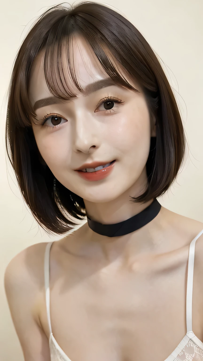 (nsfw:-2),(realistic, photo-realistic:1.4), (masterpiece, best quality:1.2), RAW photo, high resolution, intricate details, extremely detailed, realistic and sharp details, cinematic lighting, portrait, (portrait, frontal photography), solo, 1girl, a 240 years old Japanese woman, dark hair, (short bob hair, blunt bangs:1.2), (detailed face, detailed eyes, beautiful eyes, beautiful pupils, sophisticated nose, cheerful grin), pale skin, collarbone, (tiny breasts, flat chest), (seductive lingerie, tiny bra, choker, jewelry, tiny thong, thin strap, sleeveless), photo background, indoors,