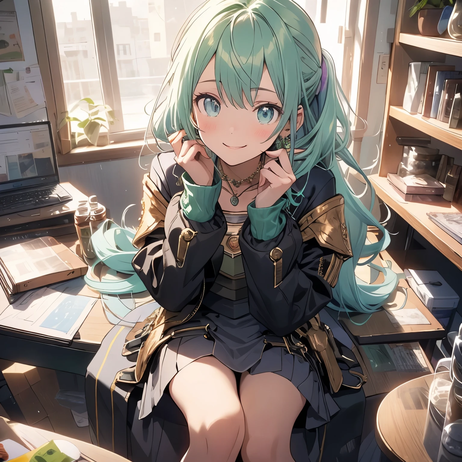 (masterpiece), (best quality), detailed, 1girl, leaning forward, hand on face, sitting on throne, from above, smiling, green hair, ponytail, jewelry, necklace, earrings, long hair, gloves, cropped jacket, fur trim, purple jacket, armored breastplate, armored skirt, multicolored hair, streaked hair, gradient hair, beautiful composition, cinematic lighting, extremely detailed, 8k, cinematic postprocessing, Maximum Facial Detail, Maxi,tokiame,(with sparkling eyes and a contagious smile),her thin pubic hair:1.2, looking at viewer