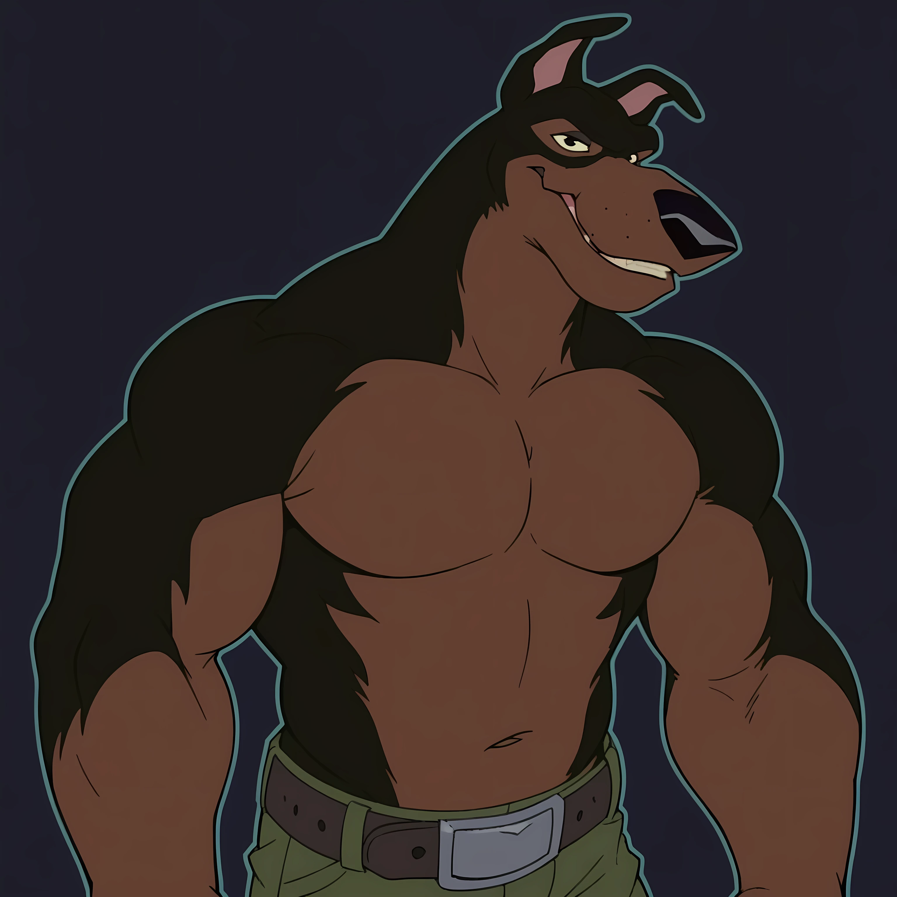 BusterLT, furry, anthro, anthro body, canine, doberman, black eyes, black nose, black body, black fur, brown body, brown fur, two tone body, two tone fur, pink inner ear, solo, ((heavyweight body)), ((very muscular, muscles)), (flat colors, no shading), simple background, black background, glow behind character:1.1, detailed, posing, looking at viewer, smile, strong posture, shirtless, bare chest, belt, pants, muscular neck, half body, half view,