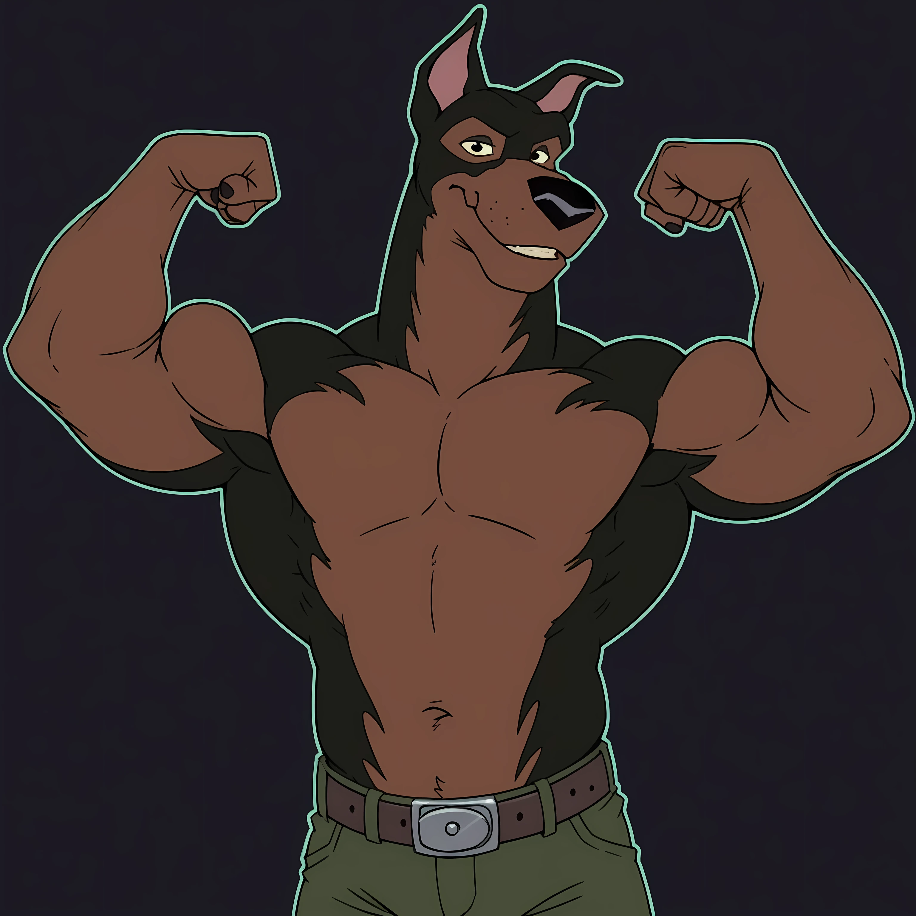 BusterLT, furry, anthro, anthro body, canine, doberman, black eyes, black nose, black body, black fur, brown body, brown fur, two tone body, two tone fur, pink inner ear, solo, ((heavyweight body)), (((very muscular, muscles))), (flat colors, no shading), simple background, black background, glow behind character:1.1, detailed, posing, looking at viewer, smile, strong posture, shirtless, bare chest, belt, pants, muscular neck, half body, half view, flexing biceps, flexing arms
