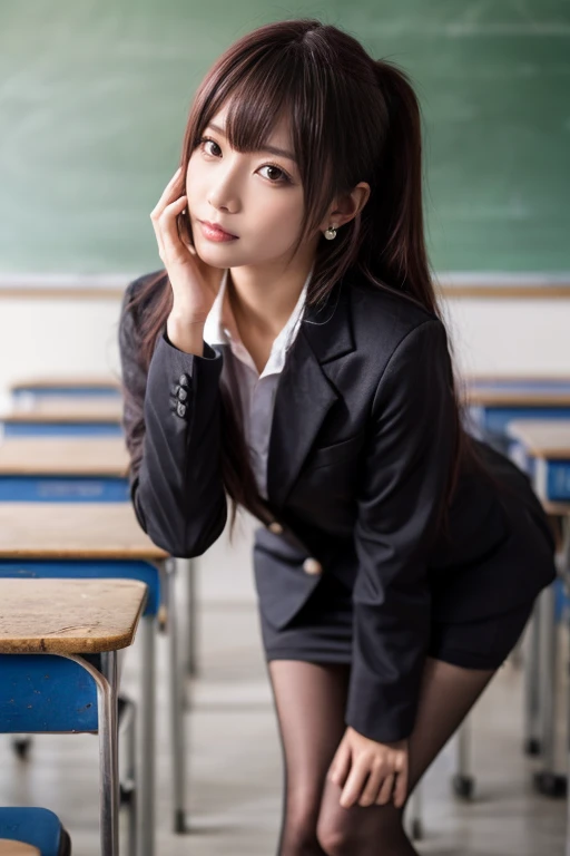 Beautiful and delicate girl, Very detailed eyes and face, Beautiful attention to detail, Large file size, Very detailed, High resolution, Very detailed, Highest quality, masterpiece, (((School classroom)), (((A simple blazer))), (((Pleated skirt))), (((The skirt and tie have a check pattern...:1.3))), Very detailed, CG, 8k wallpaper, wonderful, Fine details, masterpiece, ((Highest quality)), Very detailed CG uniform 8k wallpaper, My face is shining, Cinema Lighting, 1 female, 18-year-old, (((Dynamic pose))), (Camel Toe), (half), ((pantyhose)), ((Bend your knees and sit cross-legged)), ((whole body))