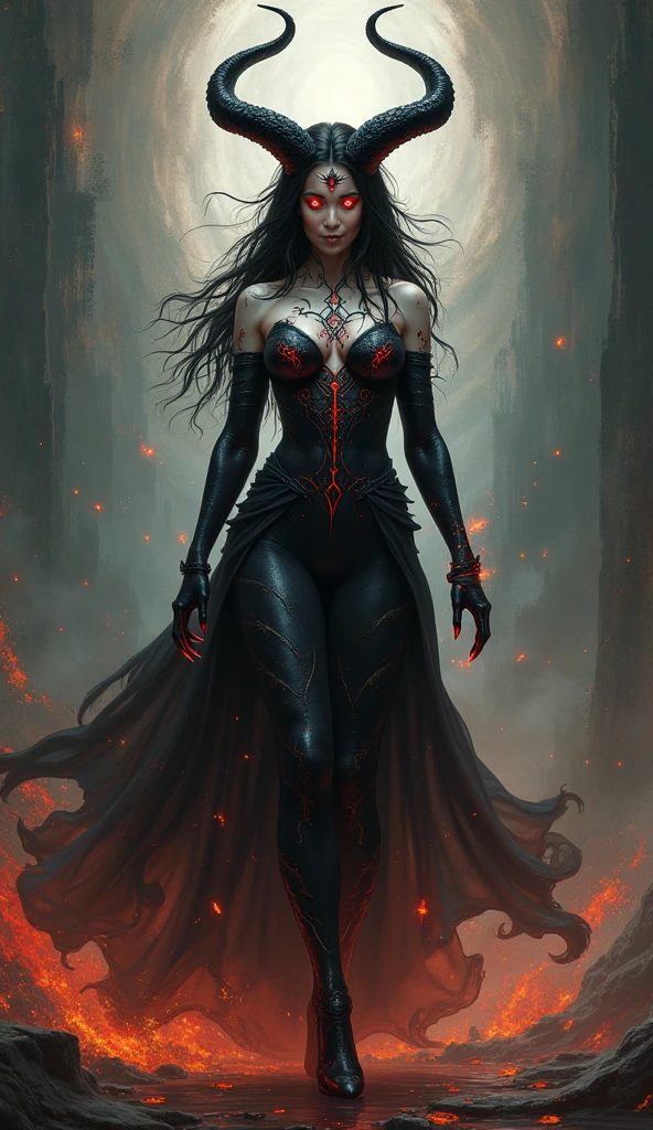 Create a 3D image of a sinister, evil female character. She has sharp, angular features with a wicked smile that exudes malice. Her eyes glow with a fiery intensity, reflecting her dark intentions. Her hair is long, dark, and wild, cascading down her back like a shadowy veil. She wears a dark, form-fitting gown adorned with spiked armor and dark, arcane symbols, giving her a menacing and powerful presence. Her hands are clawed, and she holds an ominous, glowing artifact that pulses with dark energy. The background is a twisted, darkened landscape with jagged rocks and swirling, ominous clouds, creating an atmosphere of dread and danger.