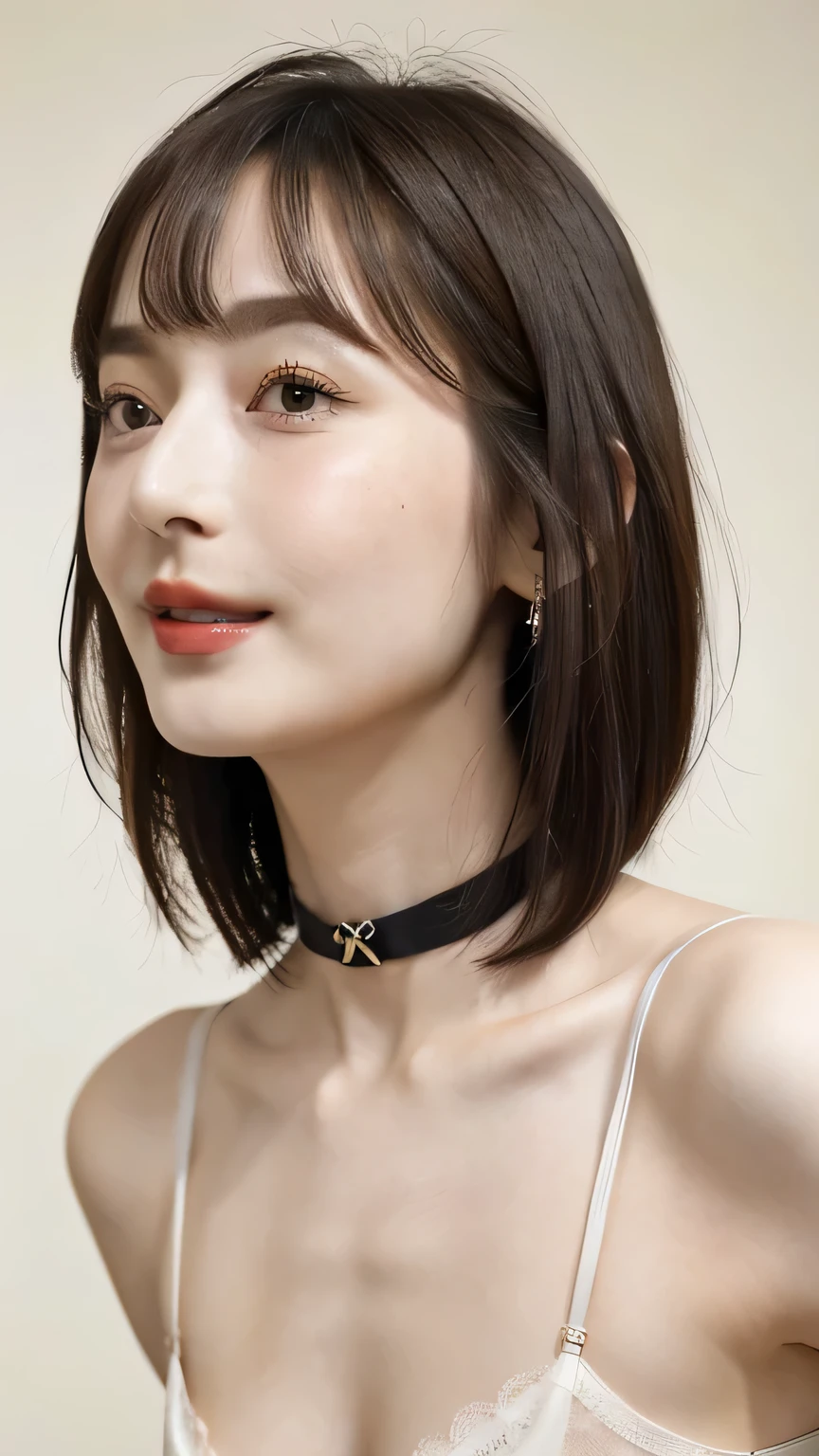 (nsfw:-2),(realistic, photo-realistic:1.4), (masterpiece, best quality:1.2), RAW photo, high resolution, intricate details, extremely detailed, realistic and sharp details, cinematic lighting, portrait, (portrait, frontal photography), solo, 1girl, a 240 years old Japanese woman, dark hair, (short bob hair, blunt bangs:1.2), (detailed face, detailed eyes, beautiful eyes, beautiful pupils, sophisticated nose, cheerful grin), pale skin, collarbone, (tiny breasts, flat chest), (seductive lingerie, tiny bra, choker, jewelry, tiny thong, thin strap, sleeveless), photo background, indoors,