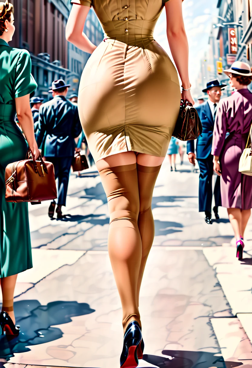 A woman walks down New York's 5th Avenue in the 1950s. (((She is wearing a tight calf-length sheath dress))), typical of the time, ((tan nylon stockings with seams:1.4)), handbag. Camera perspective from behind, Ballantyne, (close up legs:1.5), 350mm,
