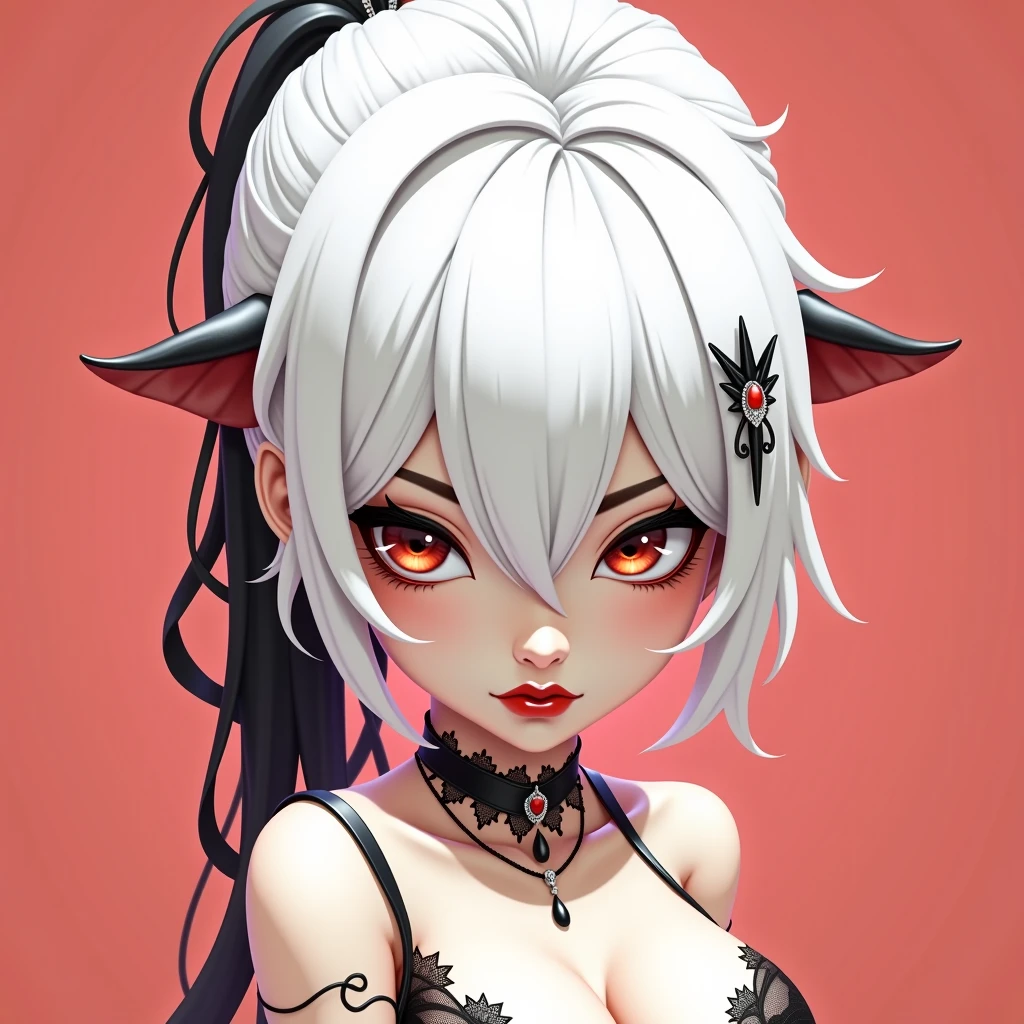 Beautiful young woman with white hair and red eyes, with pale skin and black henna tattoos on her face. Tribal tattoo design on her cheek bones, in the style of a fantasy outfit against a white background. Digital art created in an anime style using an unreal engine. --ar 51:64 8k HDR 3D 16k UHD RAW