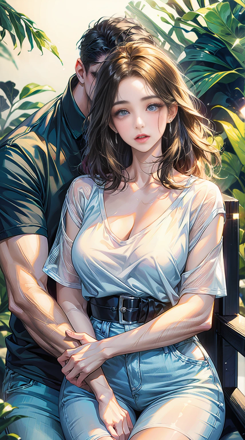 A couple in a jungle plam tress , beautiful detailed eyes, extremely detailed face, short clothes, curvy hips,wide angle