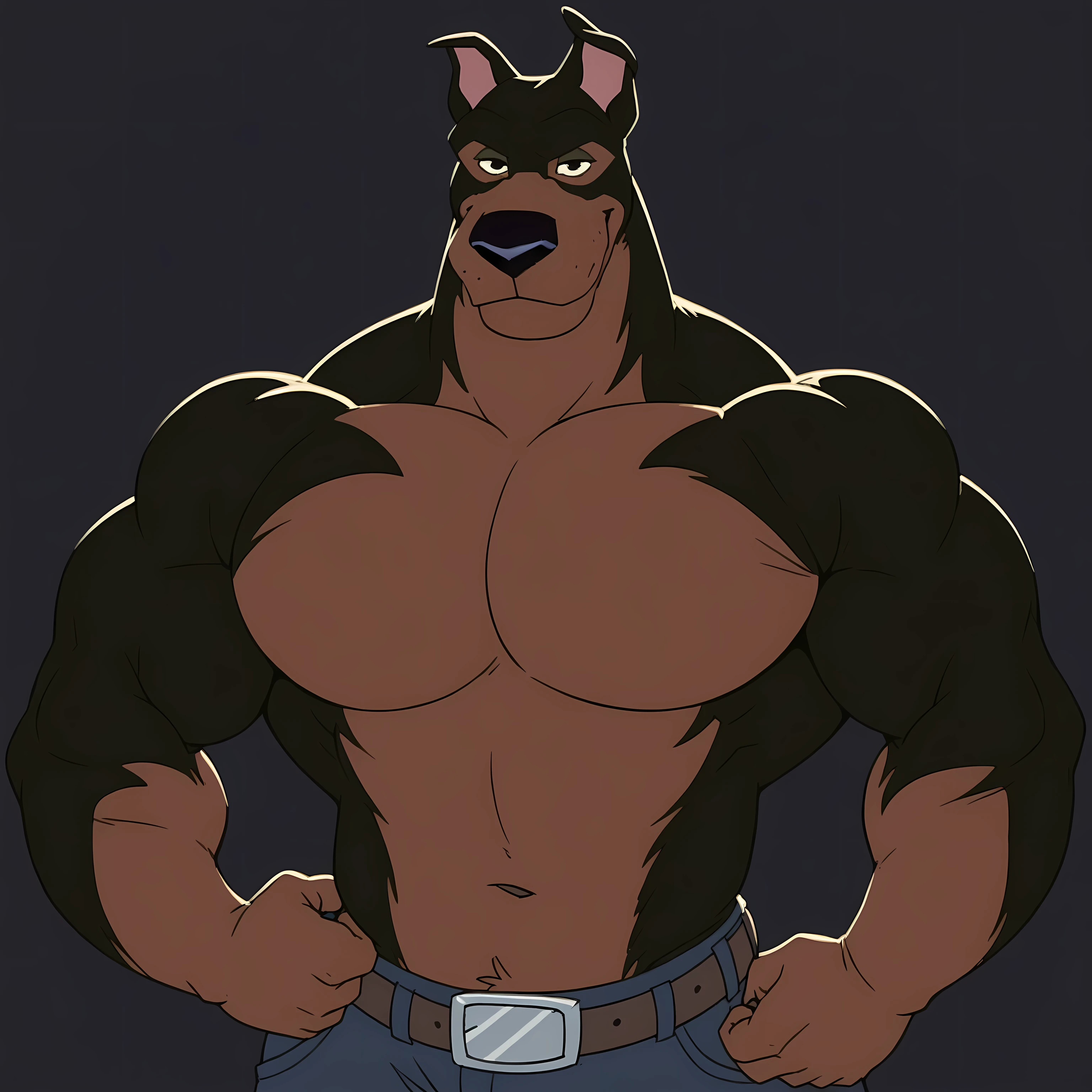 BusterLT, furry, anthro, anthro body, canine, doberman, black eyes, black nose, black body, black fur, brown body, brown fur, two tone body, two tone fur, pink inner ear, solo, ((heavyweight body)), (((very muscular, muscles))), (flat colors, no shading), simple background, black background, glow behind character:1.1, detailed, posing, looking at viewer, smile, strong posture, shirtless, bare chest, belt, pants, muscular neck, half body, half view, flexing biceps, flexing arms, (big pecs)