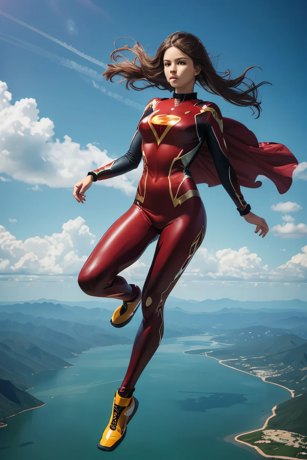 4k, realistic, carismatic, very detail, there is a girl on top sky, wearing spiderman costum, she is spiderman, super hero theme, black long hair, 25 years old, full body, best angle, masterpiece photography