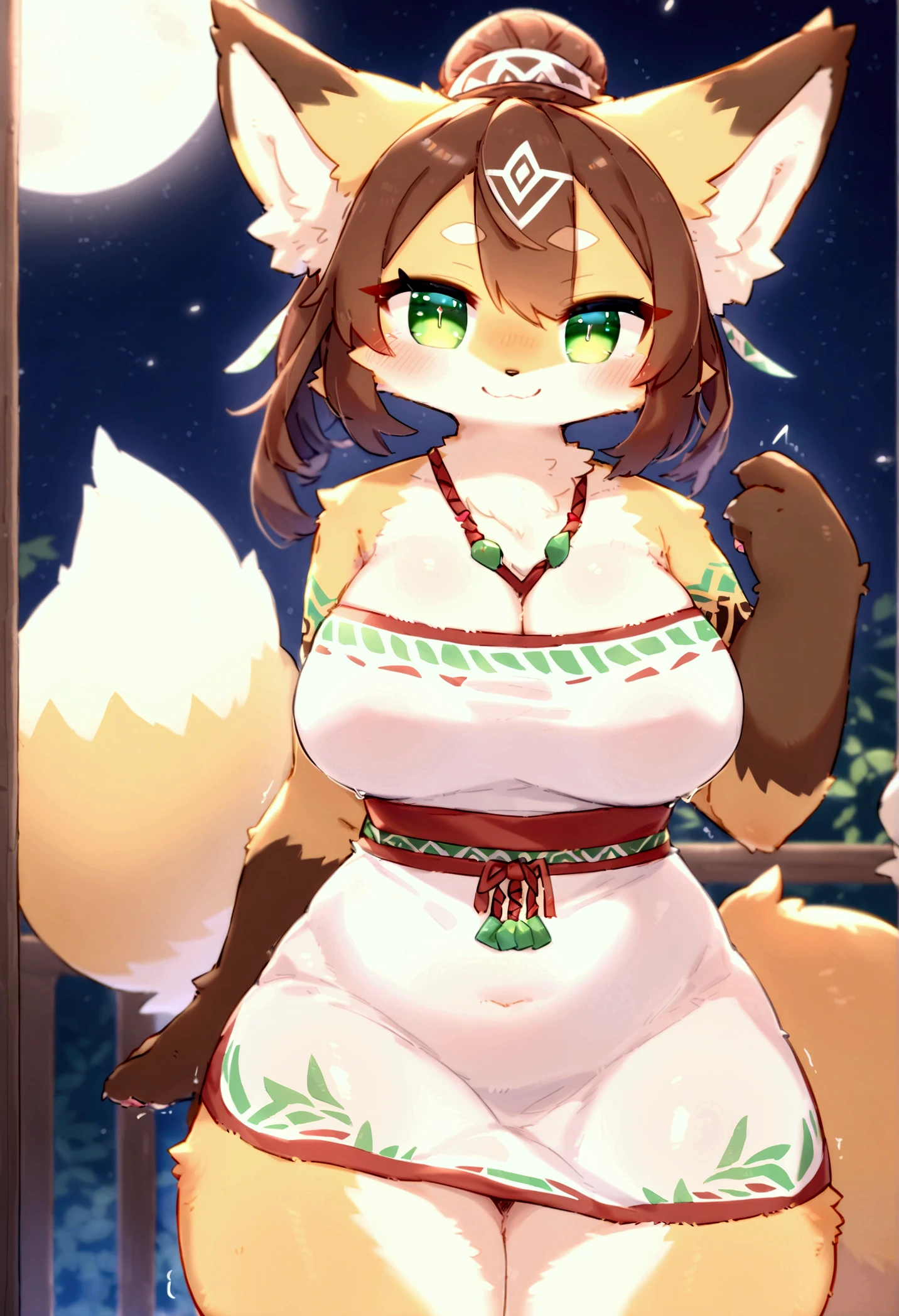 ((8k, 4k, Detailed, High quality)), furry, female, mature female, by buta99, maine coon, sexy body, breasts, cute face, brown eyes, fluffy tail, tribal wedding dress