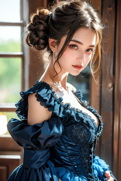 ((masterpiece)), (best quality) photorealistic ,fantasy, beautiful woman, good mood, topless ,beautiful round breasts, large breasts, dress-corset ,micro panties ,show your neck, bare shoulders ,show navel，exposed camel toe, Plum blossom tattoo on butt ,big eyes, long, thick eyelashes, plump lips, dark red eyes,  blond hair long and thick, high ponytail, Intricate designs and patterns in the style of Alphonse Mucha ,Art Nouveau water color painting flowery dim light background 