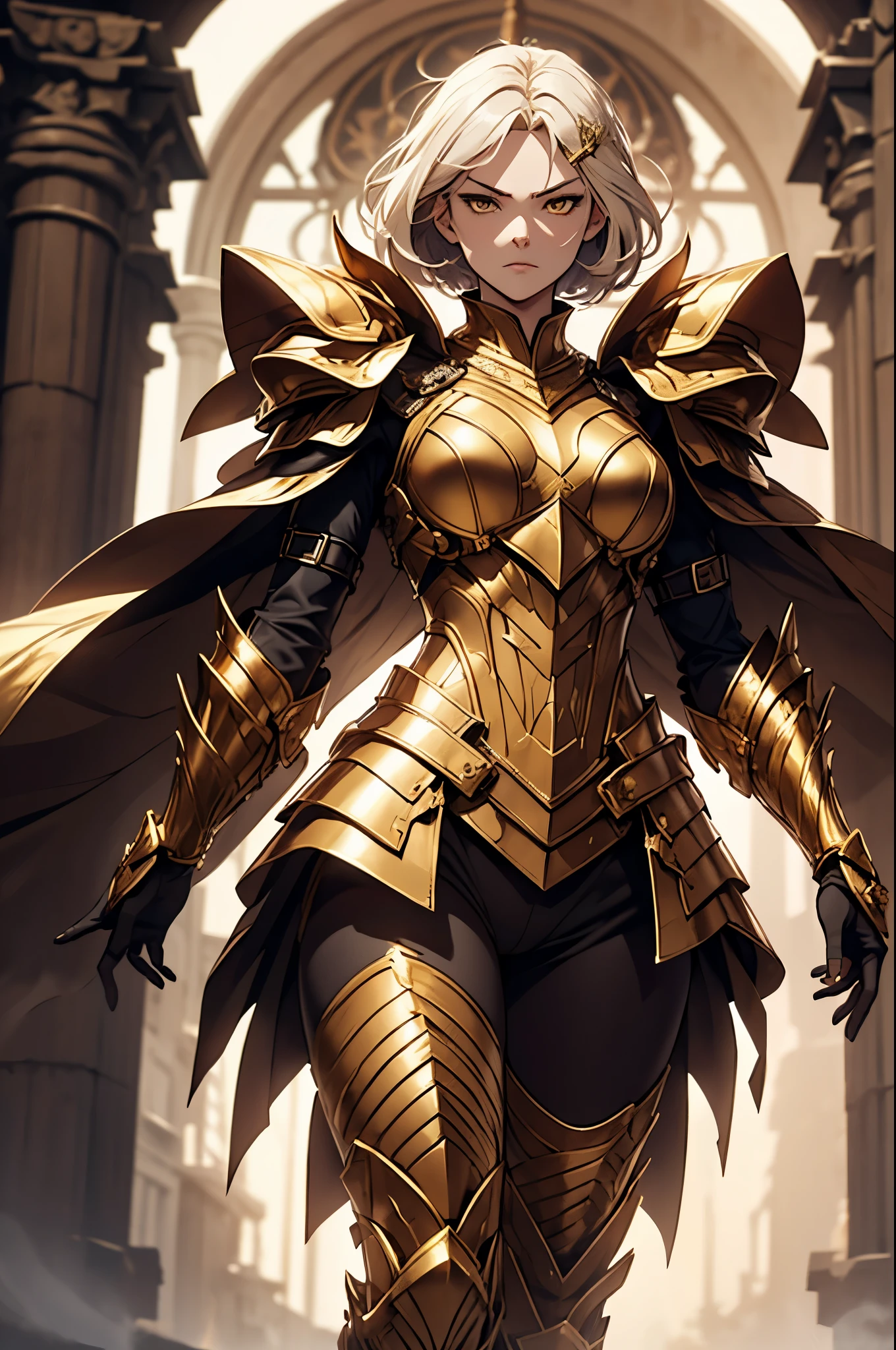 a young woman alone. 20 years. height 1,65. full body costume, short blond hair . short hair. shoulder length hair. Light fighting armor, golden, with . haughty look. Bright golden yellow eyes. detailed eyes . serious face , series. dynamic pose