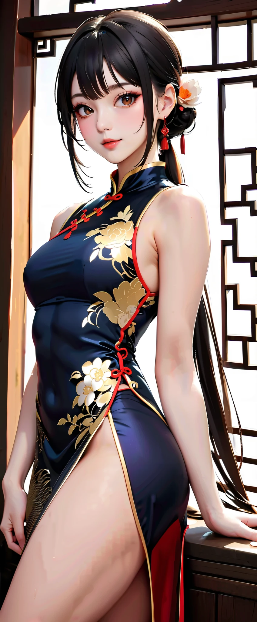 (masterpiece,highest quality,超A high resolution),japanese woman, (((Very beautiful 25 year old girl))), pretty girl、look at the photographer､  ((beautiful low ponytail)), super cute face, glossy lips, double eyelids in both eyes,natural smile、 natural makeup, long eyelashes, Shiny and smooth hair､center image,  perfect limbs, perfect anatomy,(((China dress)))、((()),wet with sweat,