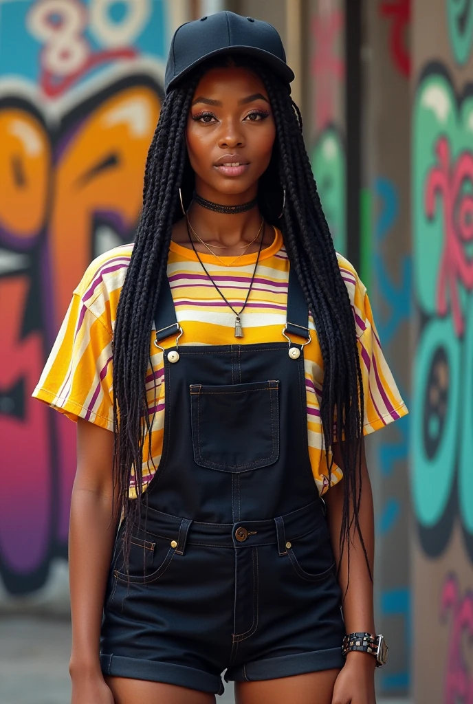 Mulher adulta, negra, 25 anos, box braids hair, boca pouco carnuda, nariz fino, corpo tamanho M ,olhos castanhos, baiana, the influence of American fashion, como jeans bem cortado, blusa despoja. Uma bolsa estruturada, brinco pequeno e anel.