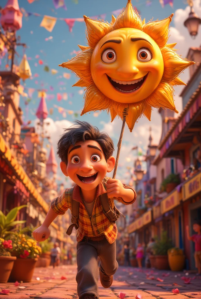 {{A whimsical depiction of {a boy with a big smile carrying a sun-shaped balloon}}} with {dynamic movement as the balloon gently sways in the breeze}. This is a {cartoon-style} image that showcases {a fun and lively moment}. The environment/background should be {a bustling carnival scene with colorful tents and people in the distance} to create an {energetic and lively atmosphere}. The image should be in the style of a {comic book cover}, incorporating elements of {bold outlines, vibrant tones, and exaggerated expressions}. The {long shot}, captured with a {wide-angle lens}, will provide a {panoramic and immersive perspective}. The lighting should be {bright and diffused daylight}, emphasizing {the vibrant colors of the balloon and the festive setting}. The desired level of detail is {moderate} with a {1080p} resolution, highlighting {the boy’s animated posture and the intricate design of the balloon}. The goal is to create a {vibrant and engaging} image that radiates {pure joy and excitement}.