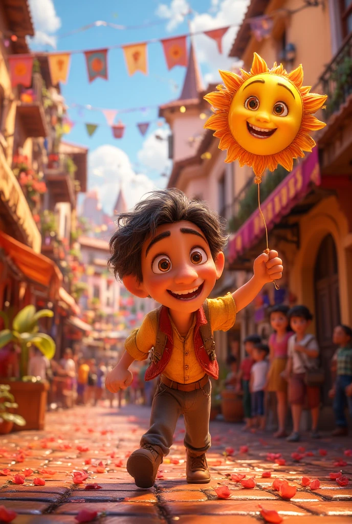{{A whimsical depiction of {a boy with a big smile carrying a sun-shaped balloon}}} with {dynamic movement as the balloon gently sways in the breeze}. This is a {cartoon-style} image that showcases {a fun and lively moment}. The environment/background should be {a bustling carnival scene with colorful tents and people in the distance} to create an {energetic and lively atmosphere}. The image should be in the style of a {comic book cover}, incorporating elements of {bold outlines, vibrant tones, and exaggerated expressions}. The {long shot}, captured with a {wide-angle lens}, will provide a {panoramic and immersive perspective}. The lighting should be {bright and diffused daylight}, emphasizing {the vibrant colors of the balloon and the festive setting}. The desired level of detail is {moderate} with a {1080p} resolution, highlighting {the boy’s animated posture and the intricate design of the balloon}. The goal is to create a {vibrant and engaging} image that radiates {pure joy and excitement}.