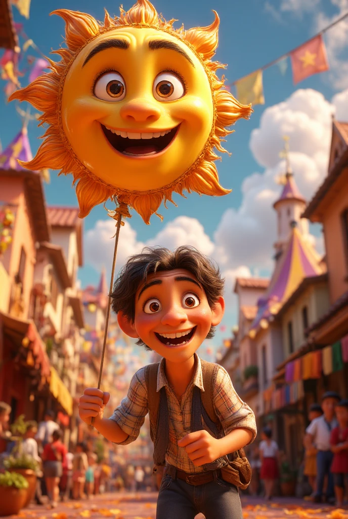 {{A whimsical depiction of {a boy with a big smile carrying a sun-shaped balloon}}} with {dynamic movement as the balloon gently sways in the breeze}. This is a {cartoon-style} image that showcases {a fun and lively moment}. The environment/background should be {a bustling carnival scene with colorful tents and people in the distance} to create an {energetic and lively atmosphere}. The image should be in the style of a {comic book cover}, incorporating elements of {bold outlines, vibrant tones, and exaggerated expressions}. The {long shot}, captured with a {wide-angle lens}, will provide a {panoramic and immersive perspective}. The lighting should be {bright and diffused daylight}, emphasizing {the vibrant colors of the balloon and the festive setting}. The desired level of detail is {moderate} with a {1080p} resolution, highlighting {the boy’s animated posture and the intricate design of the balloon}. The goal is to create a {vibrant and engaging} image that radiates {pure joy and excitement}.