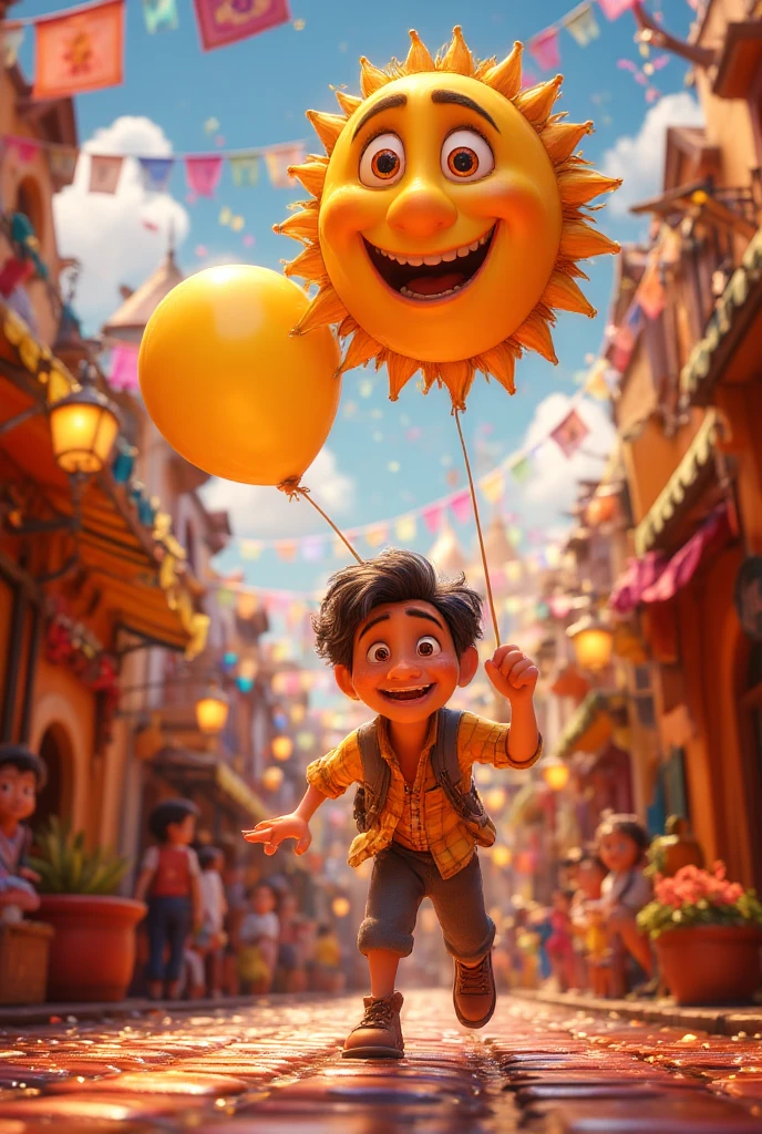 {{A whimsical depiction of {a boy with a big smile carrying a sun-shaped balloon}}} with {dynamic movement as the balloon gently sways in the breeze}. This is a {cartoon-style} image that showcases {a fun and lively moment}. The environment/background should be {a bustling carnival scene with colorful tents and people in the distance} to create an {energetic and lively atmosphere}. The image should be in the style of a {comic book cover}, incorporating elements of {bold outlines, vibrant tones, and exaggerated expressions}. The {long shot}, captured with a {wide-angle lens}, will provide a {panoramic and immersive perspective}. The lighting should be {bright and diffused daylight}, emphasizing {the vibrant colors of the balloon and the festive setting}. The desired level of detail is {moderate} with a {1080p} resolution, highlighting {the boy’s animated posture and the intricate design of the balloon}. The goal is to create a {vibrant and engaging} image that radiates {pure joy and excitement}.