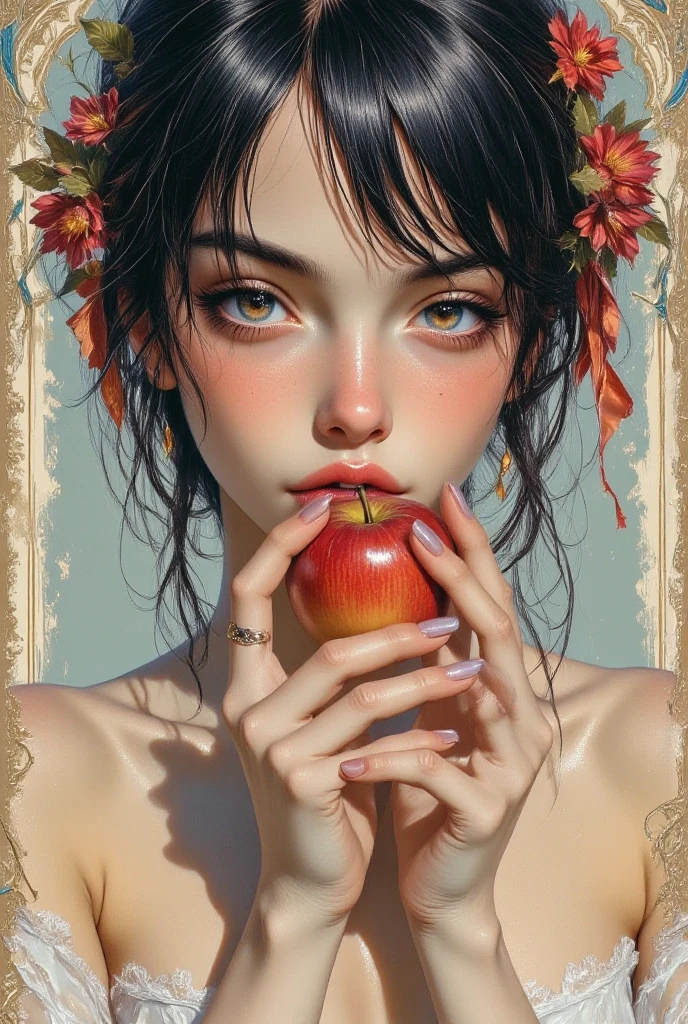 "Imagine an incredibly beautiful woman with fair skin and long black hair, her face bare of makeup. Her expression is a disturbing blend of sinister and twisted affection, reflecting a deep sense of nihilism and romantic despair. The image is dark and photographic, filled with deep shadows that intensify the menacing atmosphere. She is holding a bitten apple, with a serpent tightly coiled around her hand. Behind her, a male figure emerges. His face is grotesque and terrifying, partially obscured by darkness, with only glimpses of his disfigured features visible through the shadows."