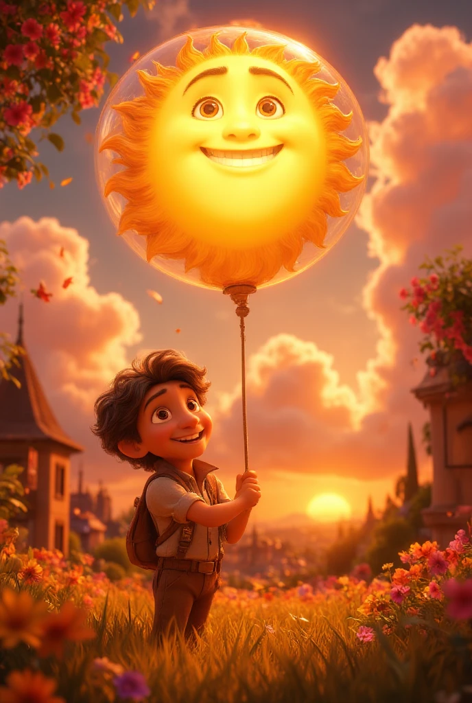 {{A whimsical depiction of {a boy with a big smile carrying a sun-shaped balloon}}} with {dynamic movement as the balloon gently sways in the breeze}. This is a {cartoon-style} image that showcases {a fun and lively moment}. The environment/background should be {a bustling carnival scene with colorful tents and people in the distance} to create an {energetic and lively atmosphere}. The image should be in the style of a {comic book cover}, incorporating elements of {bold outlines, vibrant tones, and exaggerated expressions}. The {long shot}, captured with a {wide-angle lens}, will provide a {panoramic and immersive perspective}. The lighting should be {bright and diffused daylight}, emphasizing {the vibrant colors of the balloon and the festive setting}. The desired level of detail is {moderate} with a {1080p} resolution, highlighting {the boy’s animated posture and the intricate design of the balloon}. The goal is to create a {vibrant and engaging} image that radiates {pure joy and excitement}.