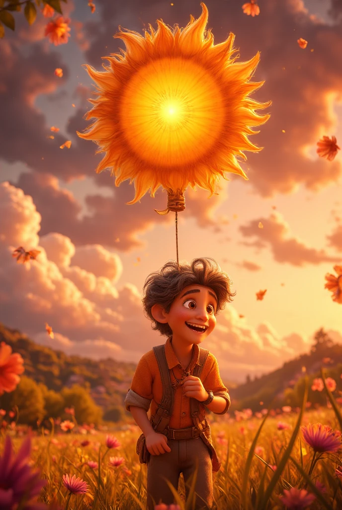 {{A whimsical depiction of {a boy with a big smile carrying a sun-shaped balloon}}} with {dynamic movement as the balloon gently sways in the breeze}. This is a {cartoon-style} image that showcases {a fun and lively moment}. The environment/background should be {a bustling carnival scene with colorful tents and people in the distance} to create an {energetic and lively atmosphere}. The image should be in the style of a {comic book cover}, incorporating elements of {bold outlines, vibrant tones, and exaggerated expressions}. The {long shot}, captured with a {wide-angle lens}, will provide a {panoramic and immersive perspective}. The lighting should be {bright and diffused daylight}, emphasizing {the vibrant colors of the balloon and the festive setting}. The desired level of detail is {moderate} with a {1080p} resolution, highlighting {the boy’s animated posture and the intricate design of the balloon}. The goal is to create a {vibrant and engaging} image that radiates {pure joy and excitement}.