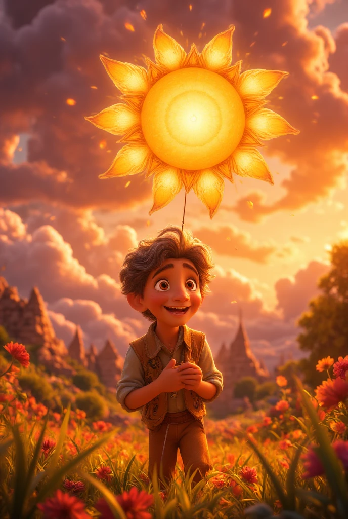 {{A whimsical depiction of {a boy with a big smile carrying a sun-shaped balloon}}} with {dynamic movement as the balloon gently sways in the breeze}. This is a {cartoon-style} image that showcases {a fun and lively moment}. The environment/background should be {a bustling carnival scene with colorful tents and people in the distance} to create an {energetic and lively atmosphere}. The image should be in the style of a {comic book cover}, incorporating elements of {bold outlines, vibrant tones, and exaggerated expressions}. The {long shot}, captured with a {wide-angle lens}, will provide a {panoramic and immersive perspective}. The lighting should be {bright and diffused daylight}, emphasizing {the vibrant colors of the balloon and the festive setting}. The desired level of detail is {moderate} with a {1080p} resolution, highlighting {the boy’s animated posture and the intricate design of the balloon}. The goal is to create a {vibrant and engaging} image that radiates {pure joy and excitement}.