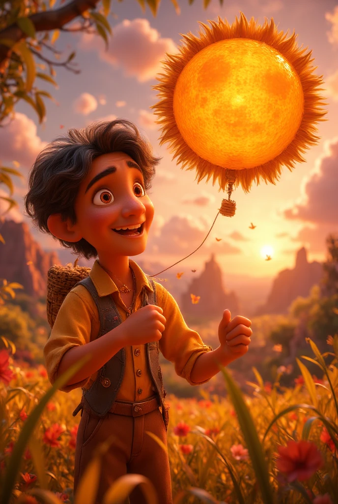 {{A whimsical depiction of {a boy with a big smile carrying a sun-shaped balloon}}} with {dynamic movement as the balloon gently sways in the breeze}. This is a {cartoon-style} image that showcases {a fun and lively moment}. The environment/background should be {a bustling carnival scene with colorful tents and people in the distance} to create an {energetic and lively atmosphere}. The image should be in the style of a {comic book cover}, incorporating elements of {bold outlines, vibrant tones, and exaggerated expressions}. The {long shot}, captured with a {wide-angle lens}, will provide a {panoramic and immersive perspective}. The lighting should be {bright and diffused daylight}, emphasizing {the vibrant colors of the balloon and the festive setting}. The desired level of detail is {moderate} with a {1080p} resolution, highlighting {the boy’s animated posture and the intricate design of the balloon}. The goal is to create a {vibrant and engaging} image that radiates {pure joy and excitement}.