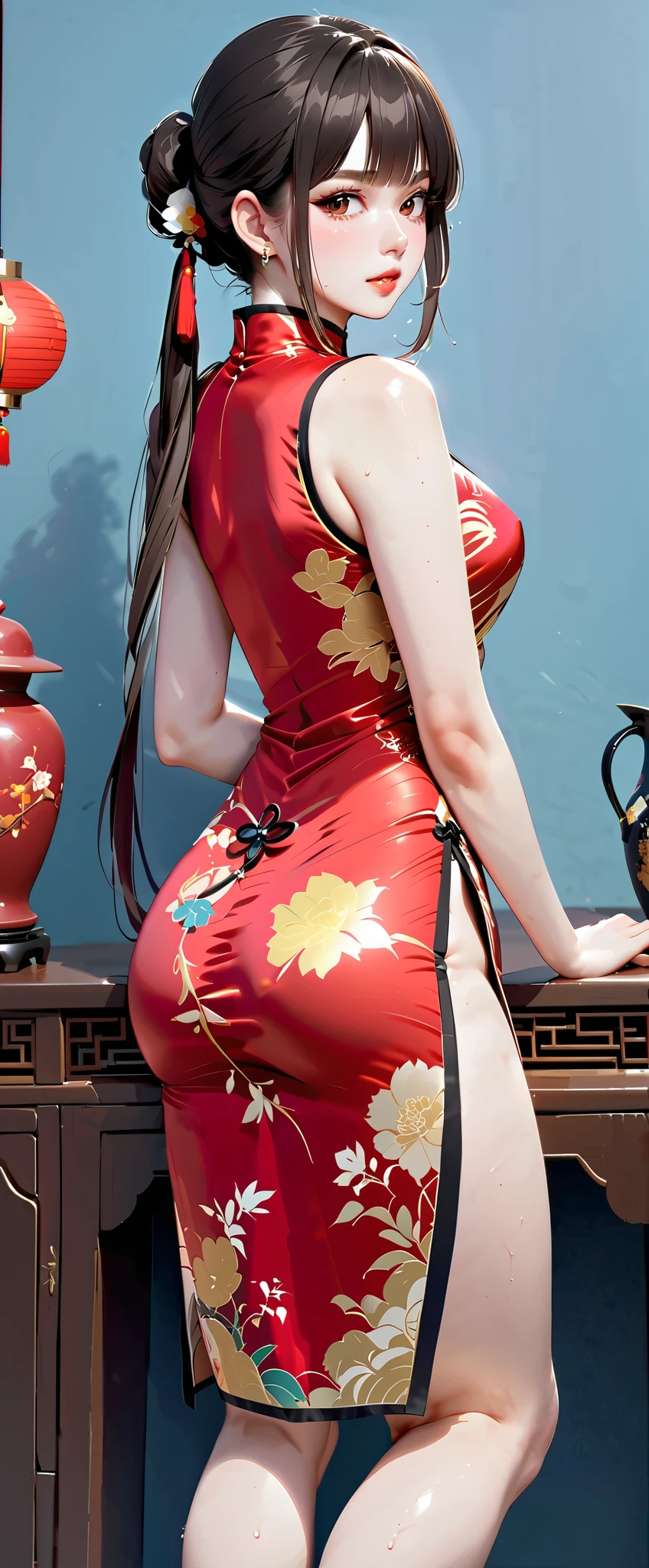(masterpiece,highest quality,超A high resolution),japanese woman, (((Very beautiful 25 year old girl))), pretty girl、look at the photographer、 ((beautiful low ponytail)), super cute face, glossy lips, double eyelids in both eyes,natural smile、 natural makeup, long eyelashes, Shiny and smooth hair、center image, perfect limbs, perfect anatomy,(((shiny cheongsam dress)))、(((turn around and look back)),