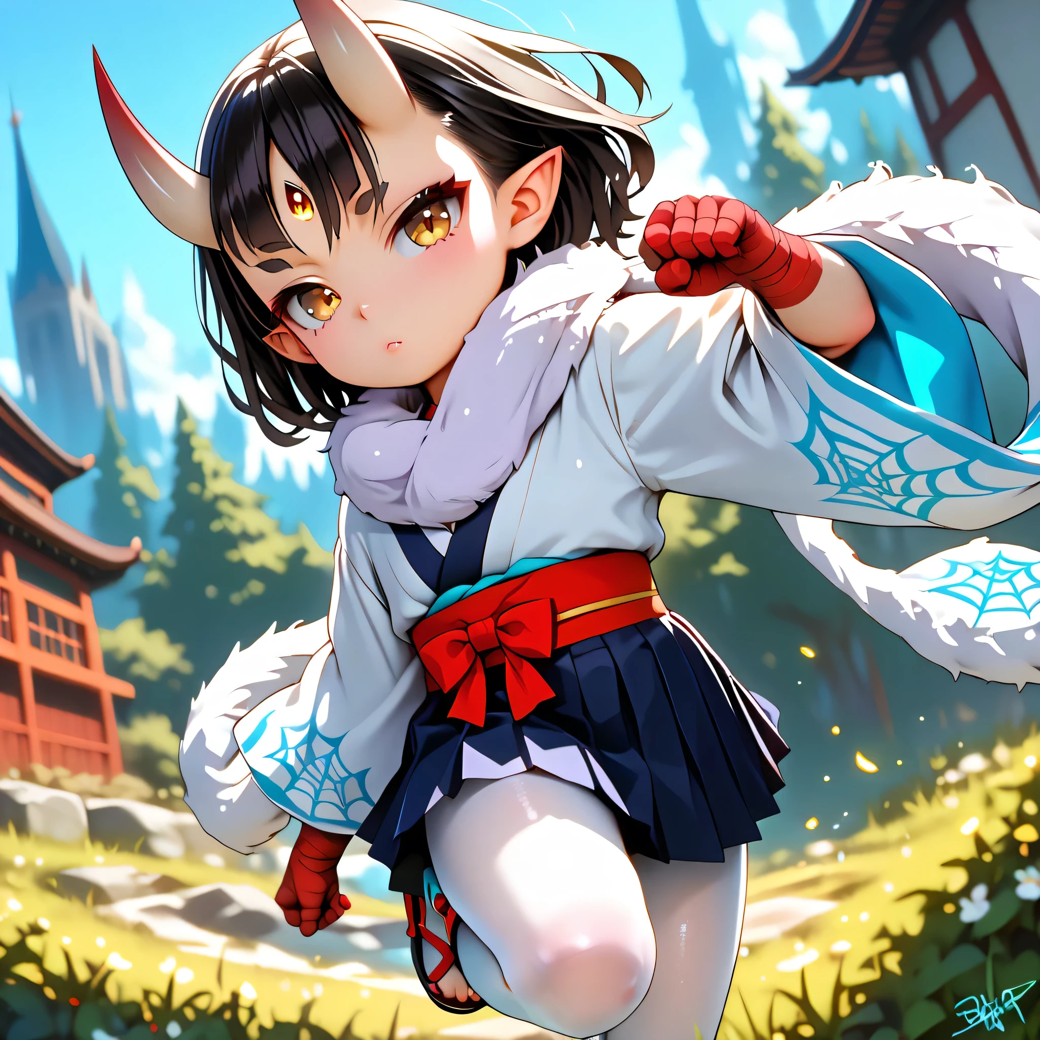 score_9, score_8_up, score_7_up, masterpiece, highest_quality, ultra_detailed, nsfw, absurdres, HDR, 4K, ultra_hd, official_style, intricate, intricate_details, solo_boy_focus, boy is (japanese_shota, femboy, asra_kin, BREAK (black_hair, golden_eyes, white_pantyhose):1.5, BREAK (messy_hair, very_long_hair, forehead_bangs):1.5, (slant_eyes, close_set_low_eyebrows, eye_liner), pointed_ears, oni_horns, flat_chest, thin_body, short_stature, booty, male_bulge, (spider_pattern_clothes, spider_silk_clothes, kimono, bandaged_arms, pantyhose, hakama_miniskirt, boots_sandals, fur_scarf), dynamic_pose, acrobatic_pose, fighting_pose, hold_flaming_runesword, spider_silk, spider_thread):1.5, full_of_details, detailed_face, five_fingers, perfect_hands, perfect_fingers, dramatic_angle, dynamic_angle, dynamic_perspective, gray_background