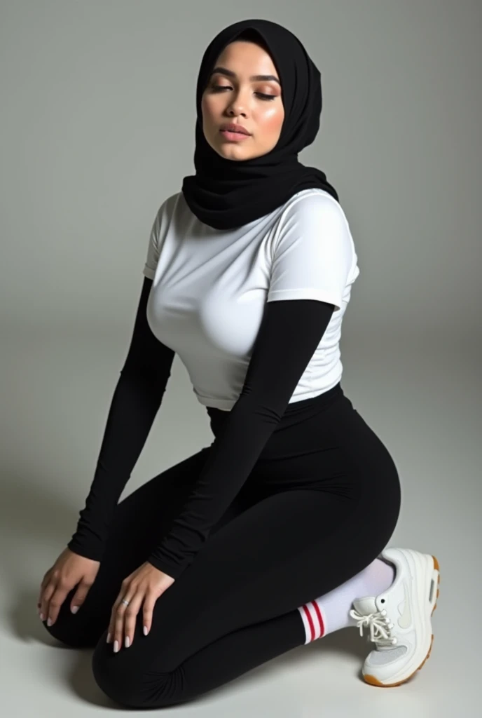 ((best quality)), ((masterpiece)), ((realistic)), 12-year-old girl,  girl, cute face, mesmerizing blue eyes, wearing hijab, extremely detailed, natural skin tone, skin with pores, wearing turqoise legging, white sweater, long sleeves, turqoise legging, slim body, standing in park, shallow depth of field, front view, portrait, front body shot, potrait, full body view, full body shot, wearing white shoes