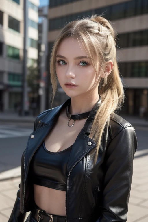 1girl, solo, face, portrait, long hair, pony tail, blonde hair, green eyes, large breasts, (black leather jacket:1.2) , cleavage, school, blushing, looking at the viewer,