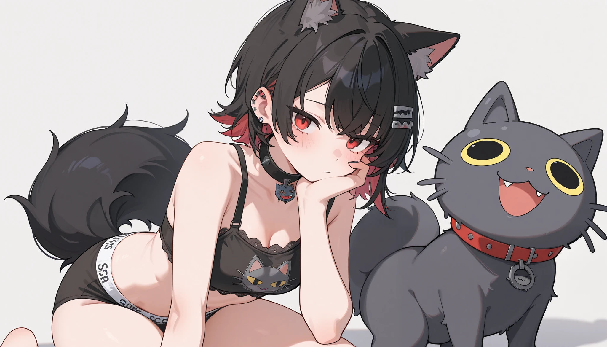 masterpiece,best quality , newest , nsfw, ellen joe, neko style underwear, neko style costume, neko style bra, wallpaper, (empty space at left side), simple background, (character at right sideE