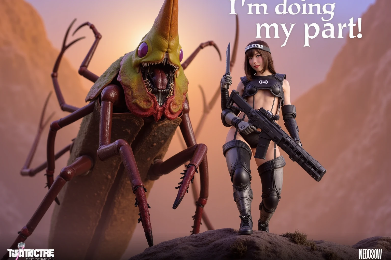 Lucy Liu in a scifi sexy battle suit (pink chrome) wielding a light sword (pink), bubblegum hair, streets of Bangkok challenging an Alien Xenomorph 'ROUND 1 FIGHT!' written in large letters along the bottom of the screen (Alert: only one light sword, only one light sword blade)