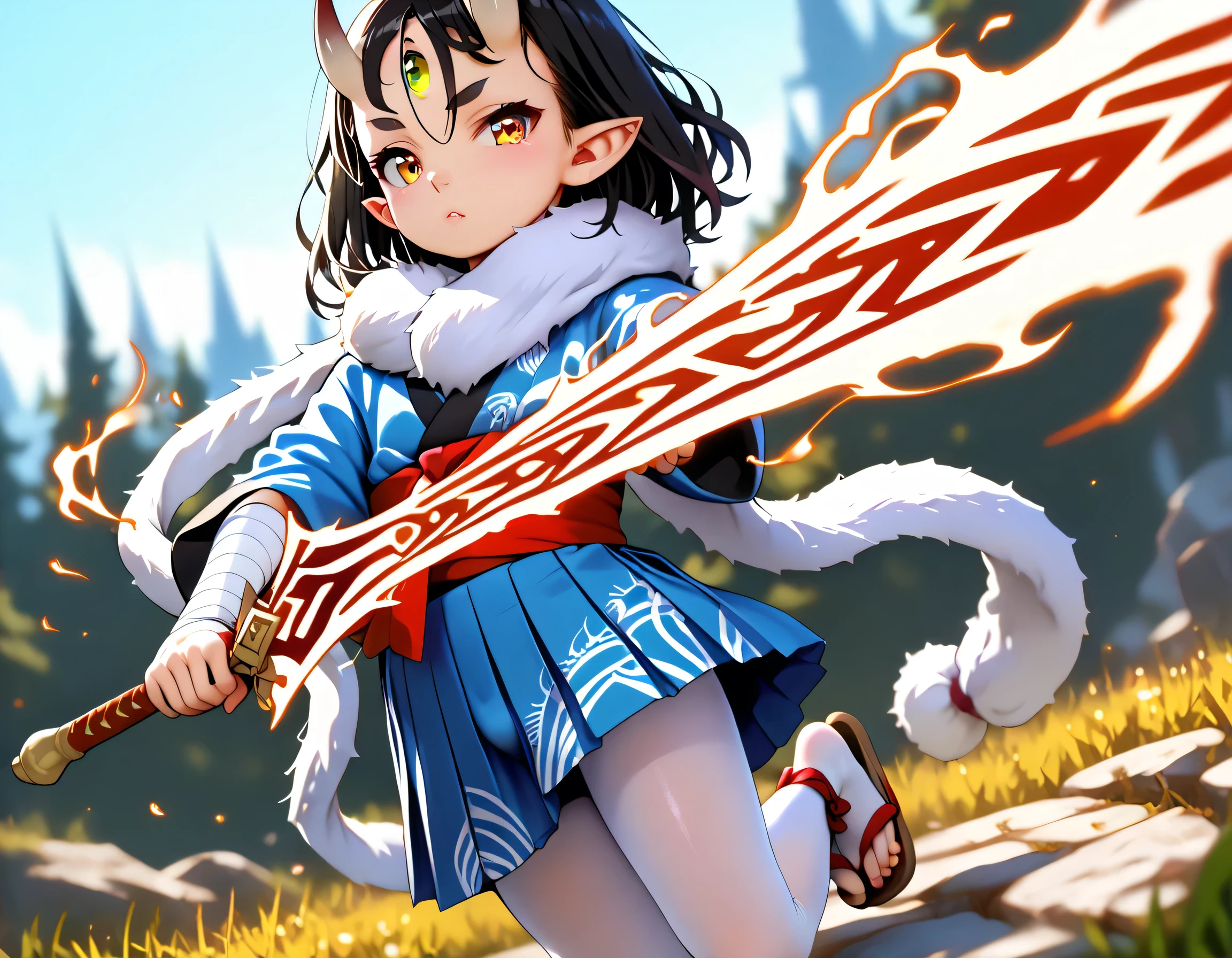 score_9, score_8_up, score_7_up, masterpiece, highest_quality, ultra_detailed, nsfw, absurdres, HDR, 4K, ultra_hd, official_style, intricate, intricate_details, solo_boy_focus, boy is (japanese_shota, femboy, asra_kin, BREAK (black_hair, golden_eyes, white_pantyhose):1.5, BREAK (messy_hair, very_long_hair, forehead_bangs):1.5, (slant_eyes, close_set_low_eyebrows, eye_liner), pointed_ears, oni_horns, flat_chest, thin_body, short_stature, booty, male_bulge, (spider_pattern_clothes, spider_silk_clothes, kimono, bandaged_arms, pantyhose, hakama_miniskirt, boots_sandals, fur_scarf), dynamic_pose, acrobatic_pose, fighting_pose, hold_flaming_runesword, spider_silk, spider_thread):1.5, full_of_details, detailed_face, five_fingers, perfect_hands, perfect_fingers, dramatic_angle, dynamic_angle, dynamic_perspective, gray_background