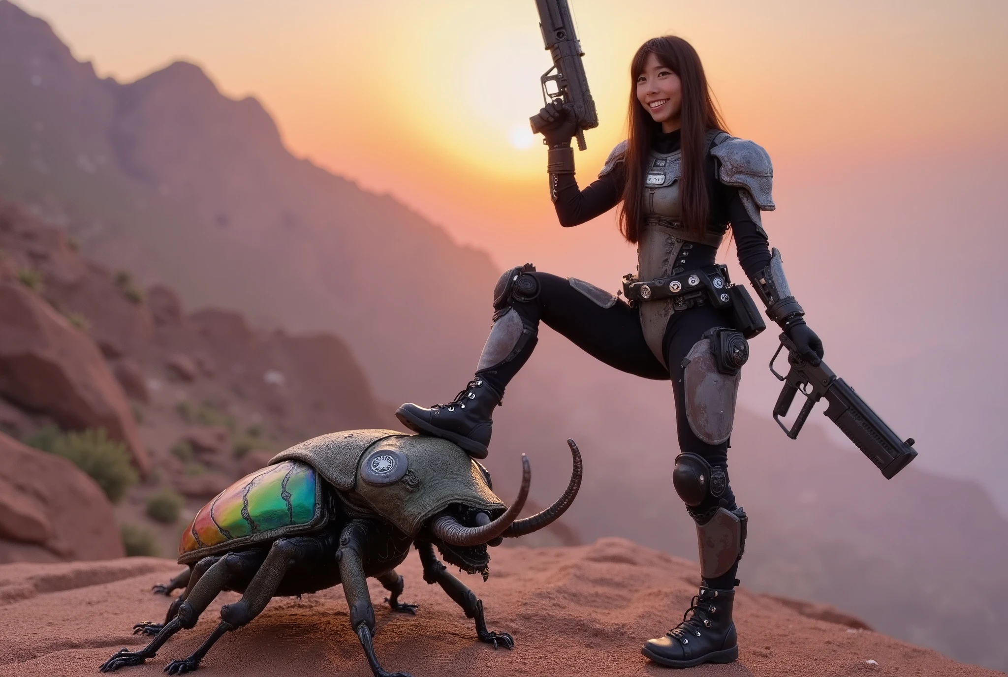 (subject 1: A scifi soldier, black and gray combat suit with coral like strength enhancing exoskeleton, cute, big gun and knife, covered in splotches of green alien slimy gore, warm friendly smile)), she is standing triumphantly with a weapon raise, one foot is on the blasted extremely battle damaged of a (subject 2:: scary alien combat beetle (rainbow carapace, green slime blood and gore, many horns and spikes, some broken cyborg enhancements)) warm sunrise on an alien rocky mountain 'I'm doing my part!' is written clearly across the top of the screen with the (starship trooper federation logo at the beginning and end of the sentence)
