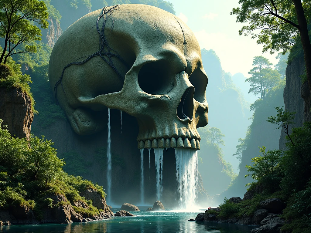 ((Masterpiece in maximum 16K resolution):1.6),((soft_color_photograpy:)1.5), ((Ultra-Detailed):1.4),((Movie-like still images and dynamic angles):1.3) | ((double contact):1.3), ((Mysterious Island With Waterfall Skull Cave):1.2), ((Superimposed on Lush Jungle Island):1.1), ((Dark Ocean lighting):1.3), Oil and ink on canvas, fine dark art, super dramatic light, photoillustration, amazing depth, the ultra-detailed, iridescent black, superfluous dreams, intricately details, amazing depth, Amazing atmosphere, Mesmerizing whimsical vibrant landscapes, ((Waterfall Skull Cave):1.2), ((Detailed Mysterious Island):1.1), ((Majestic view):1.1), ((exotic hand gloves):1.1), Maximalism ((beautiful outside, Ugly inside, pressure and pain, beauty and despair, hard and soft, positive and negative, hot and cold, Sweet and sour, Vibrant but boring, Perfect harmony, light and shadows, old and young, Black and white, Corresponding color, loud and quiet, Chaos and peace, life and death):1.2) The complex masterpiece of a real-time engineering leader. | Rendered in ultra-high definition with UHD and retina quality, this masterpiece ensures anatomical correctness and textured skin with super detail. With a focus on high quality and accuracy, this award-winning portrayal captures every nuance in stunning 16k resolution, immersing viewers in its lifelike depiction. | ((perfect_composition, perfect_design, perfect_layout, perfect_detail, ultra_detailed)), ((enhance_all, fix_everything)), More Detail, Enhance.
