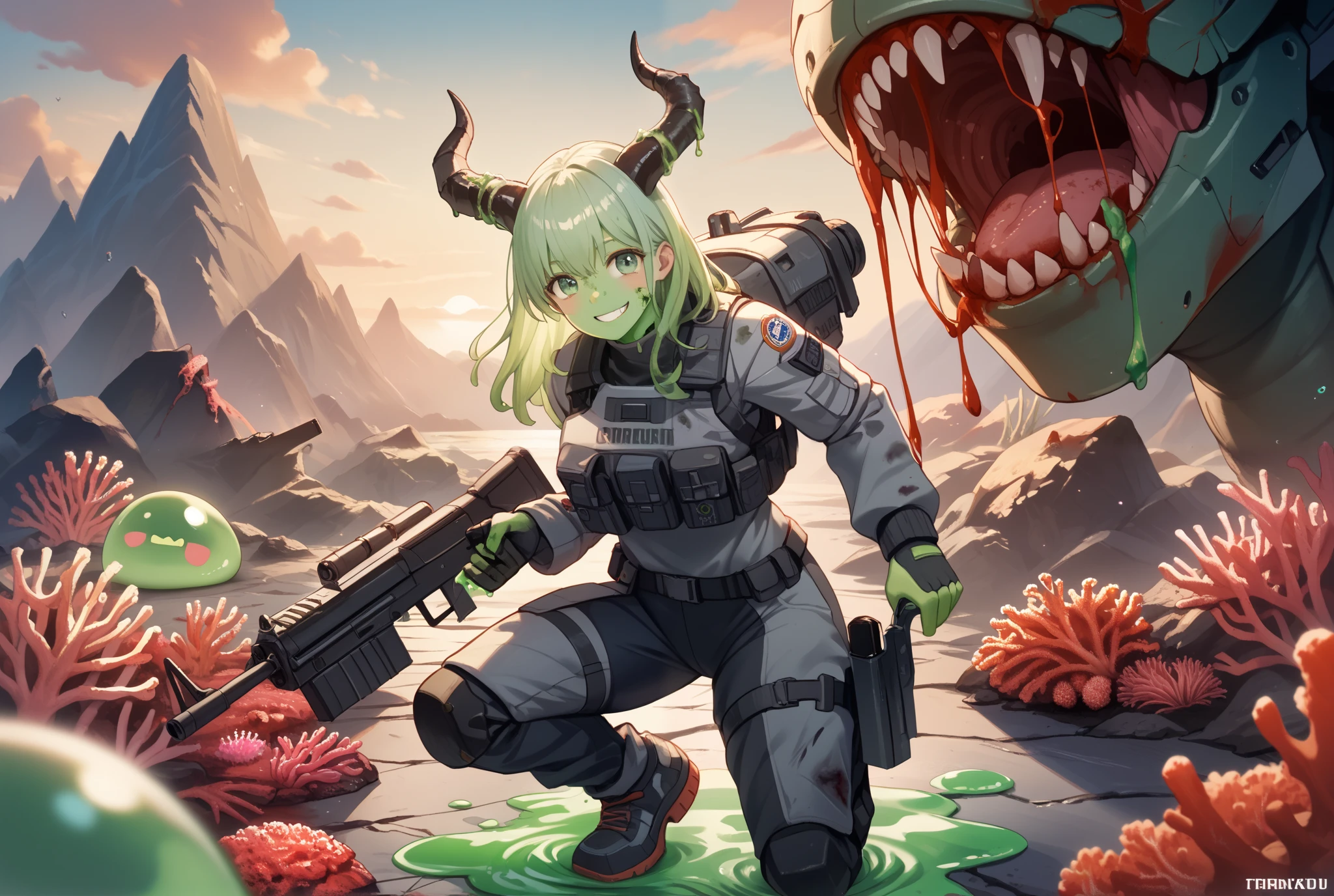 (subject 1: A scifi soldier, black and gray combat suit with coral like strength enhancing exoskeleton, cute, big gun and knife, covered in splotches of green alien slimy gore, warm friendly smile)), she is standing triumphantly with a weapon raise, one foot is on the blasted extremely battle damaged of a (subject 2:: scary alien combat beetle (rainbow carapace, green slime blood and gore, many horns and spikes, some broken cyborg enhancements)) warm sunrise on an alien rocky mountain 'I'm doing my part!' is written clearly across the top of the screen with the (starship trooper federation logo at the beginning and end of the sentence)