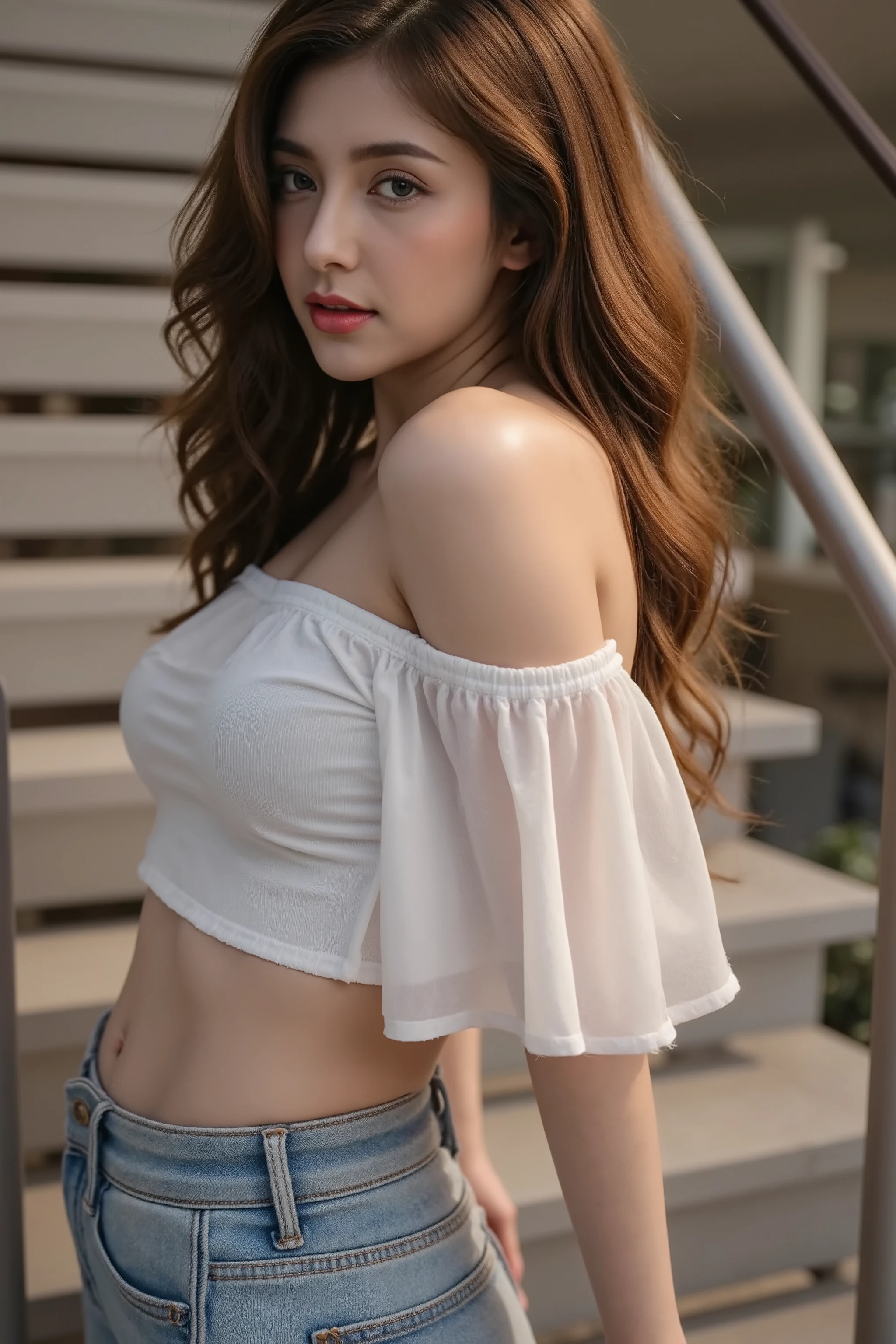 A beautiful young woman with long, dark brown hair cascading over her shoulders leans effortlessly against a sleek silver metal handrail of a modern staircase. She wears a delicate, white off-shoulder crop top with puffy sleeves, accented by charming ruffles at the cuffs and shoulders. The lightweight, sheer fabric drapes gently over her fair skin, subtly hinting at its softness. Her faded light blue jeans hug her legs with a relaxed, straight-leg fit, perfectly complementing her casual yet elegant style.
She glances back toward the camera with a gentle, inviting expression—her lips painted a vivid, captivating red, adding a vibrant pop of color to her naturally glowing complexion. A playful, sweet warmth radiates from her gaze, her eyes sparkling with a touch of curiosity and charm. The soft, ambient glow of night lighting bathes her in a golden, moody tone, casting delicate shadows that enhance her features. The light grey staircase behind her contrasts subtly against the warmth of her skin, creating a serene, romantic, and enchanting atmosphere under the peaceful night sky.