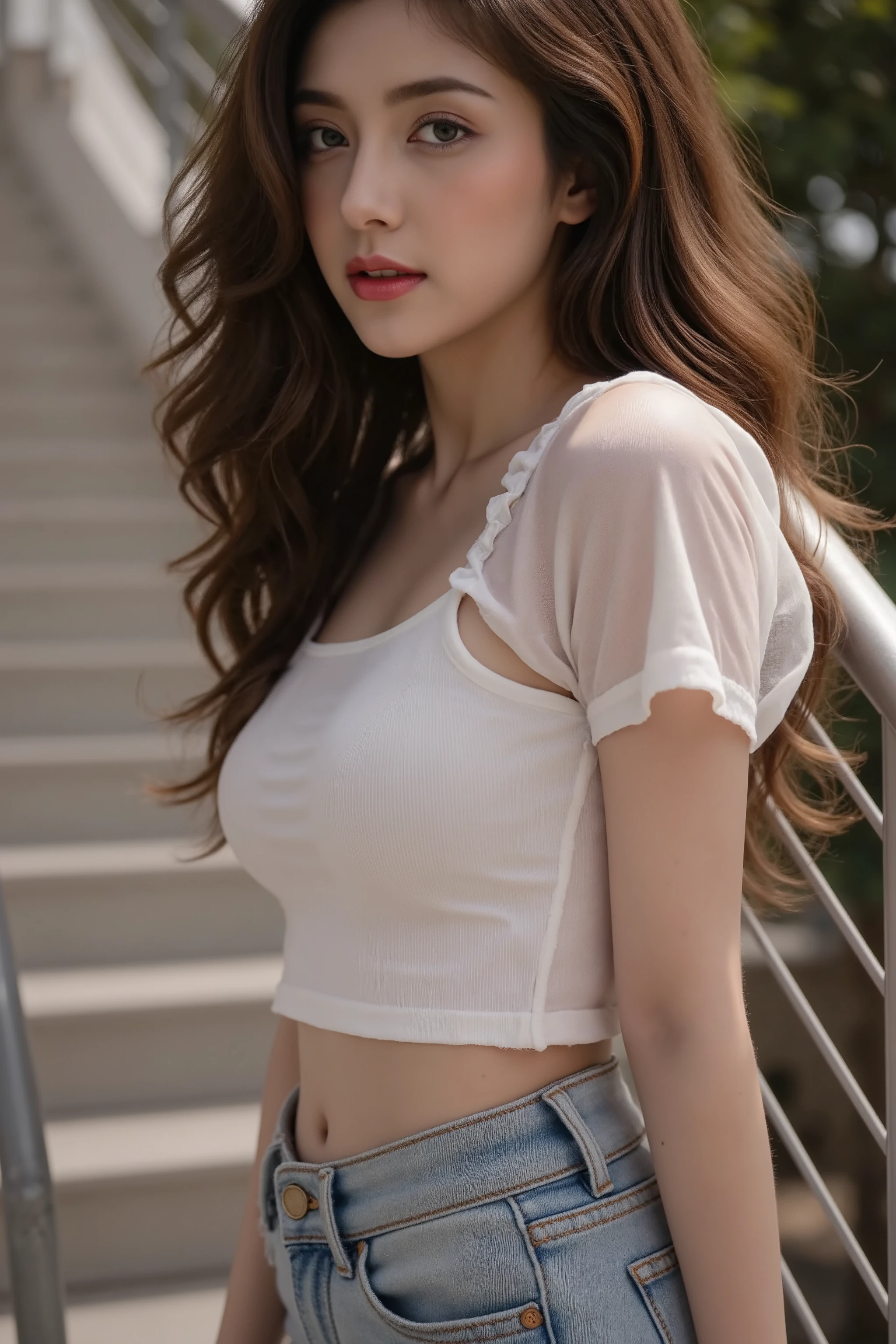 8k, masterpiece, RAW photo, best quality, photorealistic, extremely detailed CG unity 8k wallpaper, Depth of field, Cinematic Light, Lens Flare, Ray tracing, (extremely beautiful face, beautiful lips, beautiful eyes), intricate detail face, ((ultra detailed skin)) 1girl, in the dark, deep shadow, pretty asian girl, 1 girl, (very slim slender fit-muscled body:1.3), ((looking at viewer)),(big smile:1.3), (tight pants), (blue Jin pants), (midnight, dark night, (neon sign), (blurred background), dim light), (without people in the background:1.3), beautiful earrings, bracelets, necklace, pantyhose, clear eyes, walking , front shot, (pale skin), (big eyes), face forward, (full body shot), ((See through shirt)), (brown hairs), (laced shirt), (white blouse), (looking at viewer:1.3) very slim, medium breasts, (camel toe), thick thighs, turn back